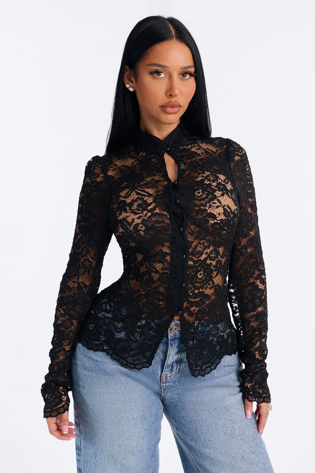 Dark Beauty Mock Neck Long Sleeve Lace Blouse - Black
