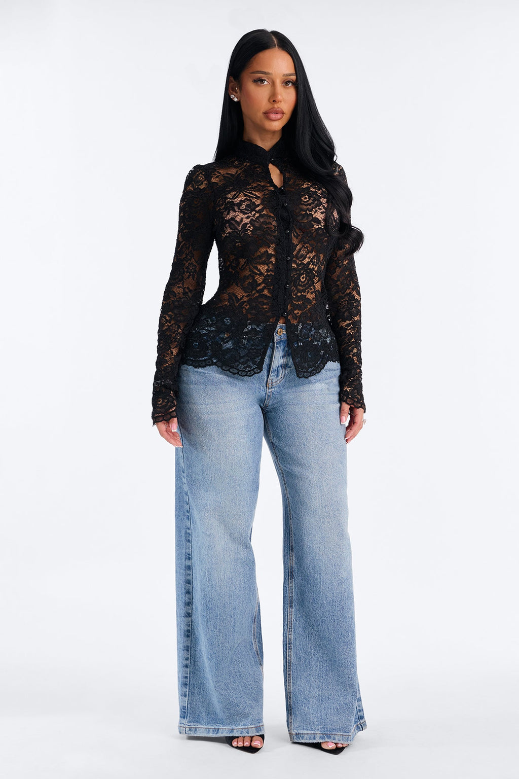 Dark Beauty Mock Neck Long Sleeve Lace Blouse - Black