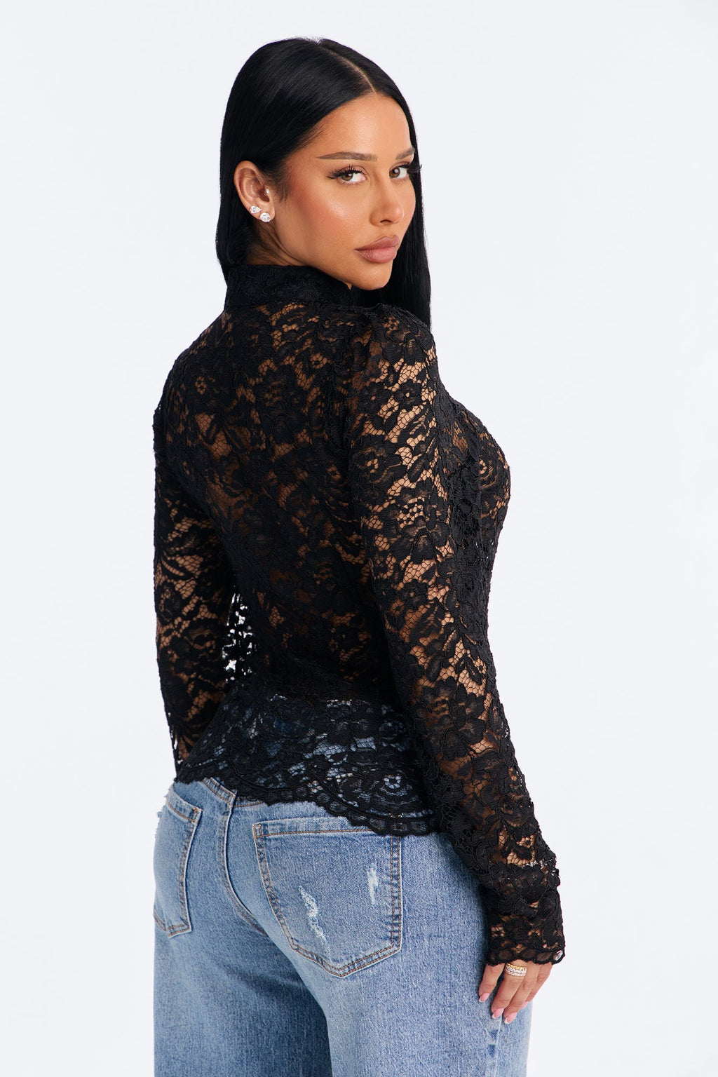 Dark Beauty Mock Neck Long Sleeve Lace Blouse - Black