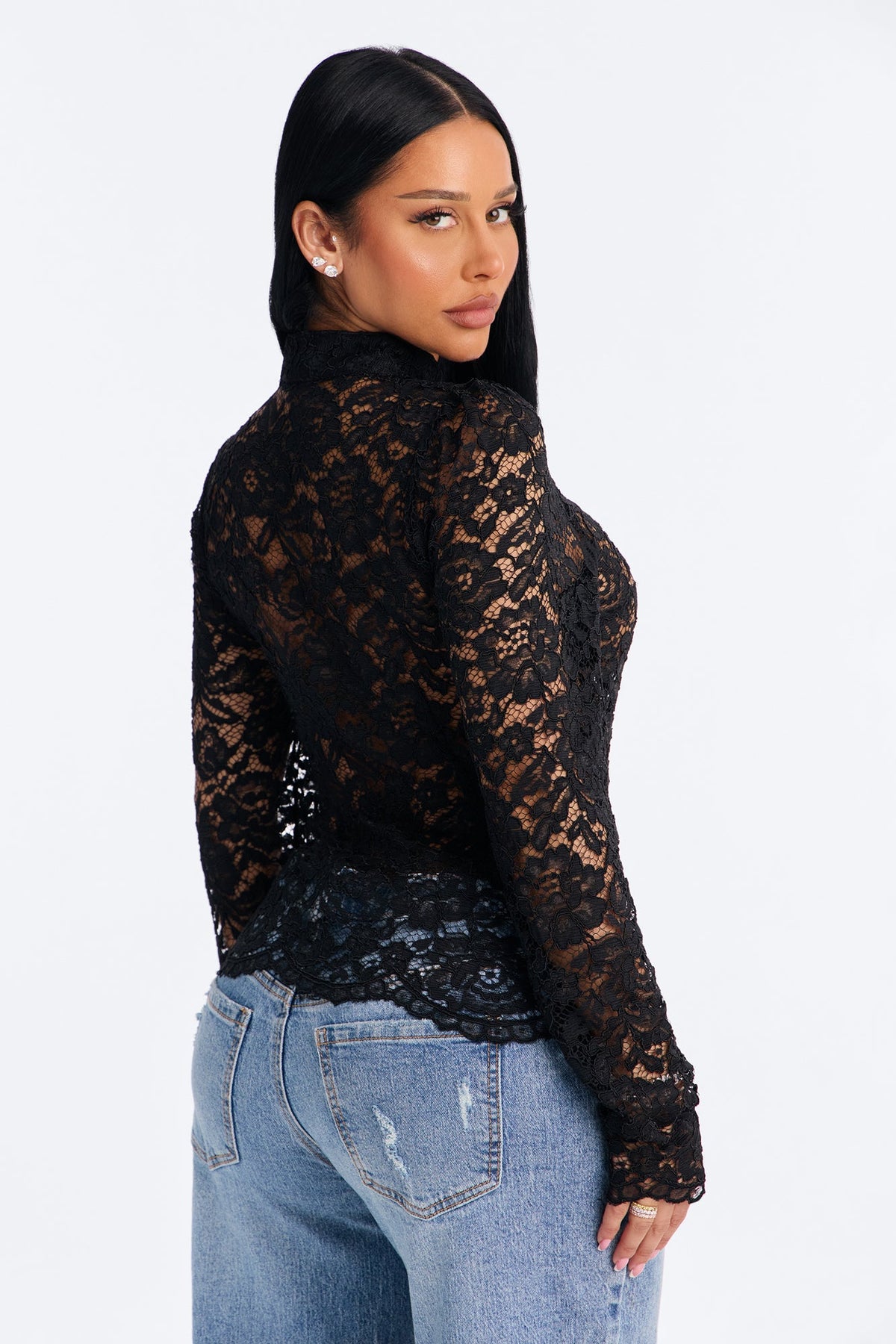 Dark Beauty Mock Neck Long Sleeve Lace Blouse - Black