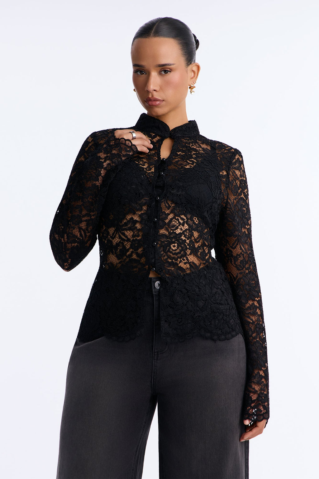 Dark Beauty Mock Neck Long Sleeve Lace Blouse - Black