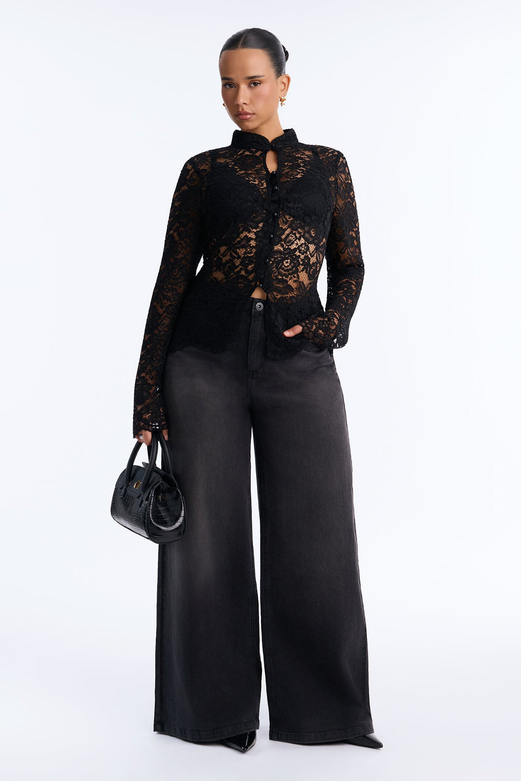Dark Beauty Mock Neck Long Sleeve Lace Blouse - Black