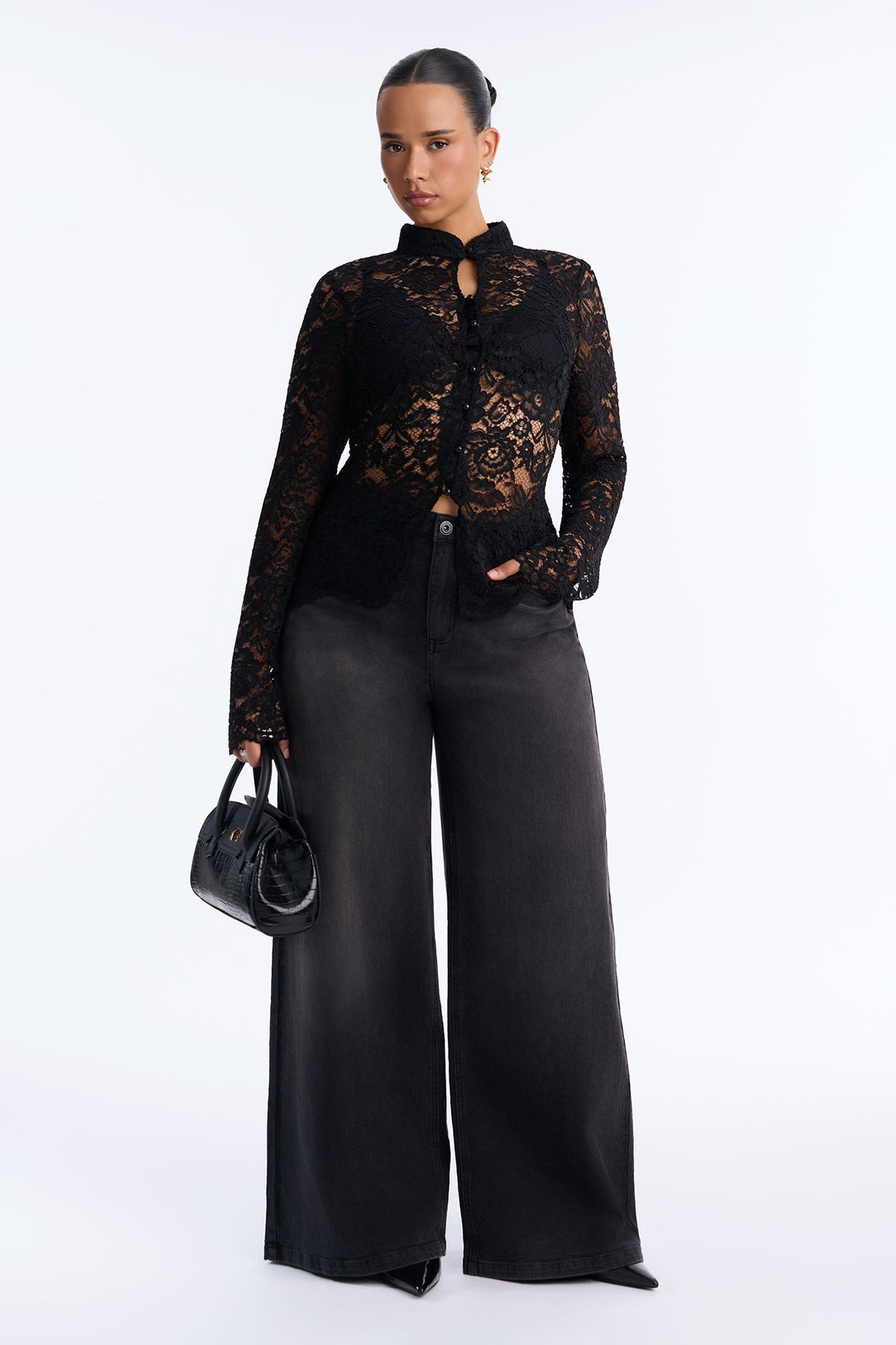 Dark Beauty Mock Neck Long Sleeve Lace Blouse - Black