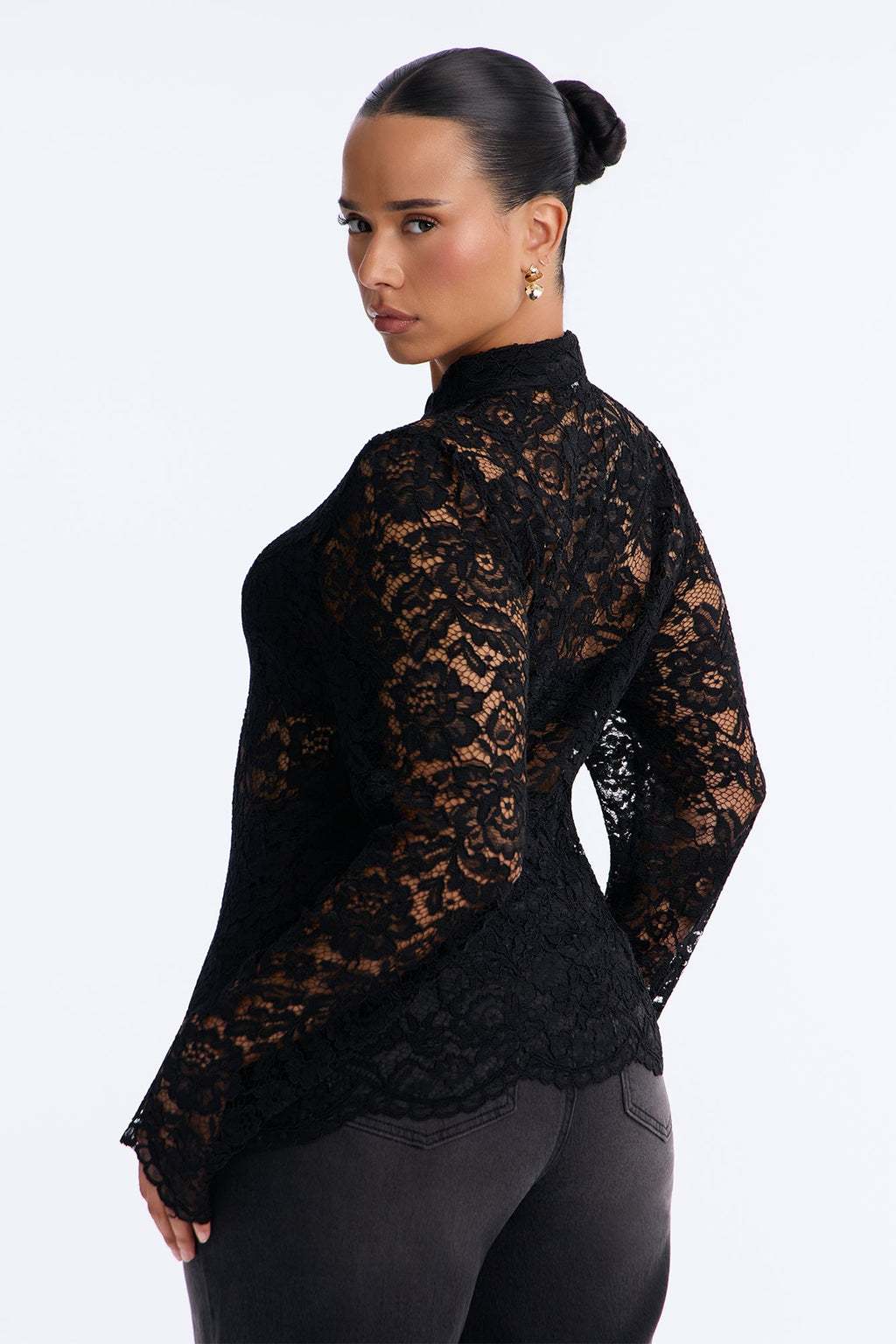 Dark Beauty Mock Neck Long Sleeve Lace Blouse - Black