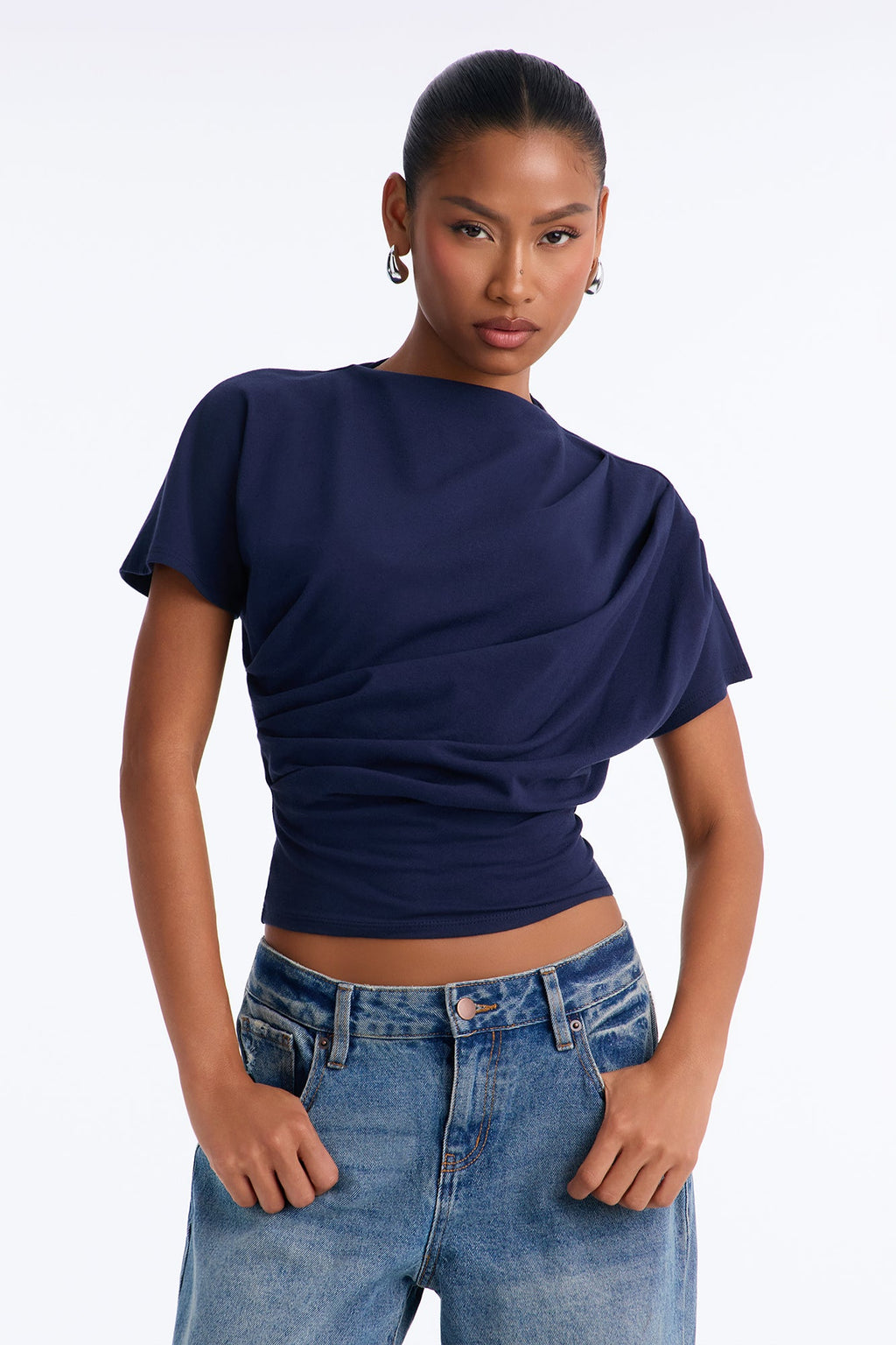 Janice Ruched Mock Neck Short Sleeve Tee - Navy