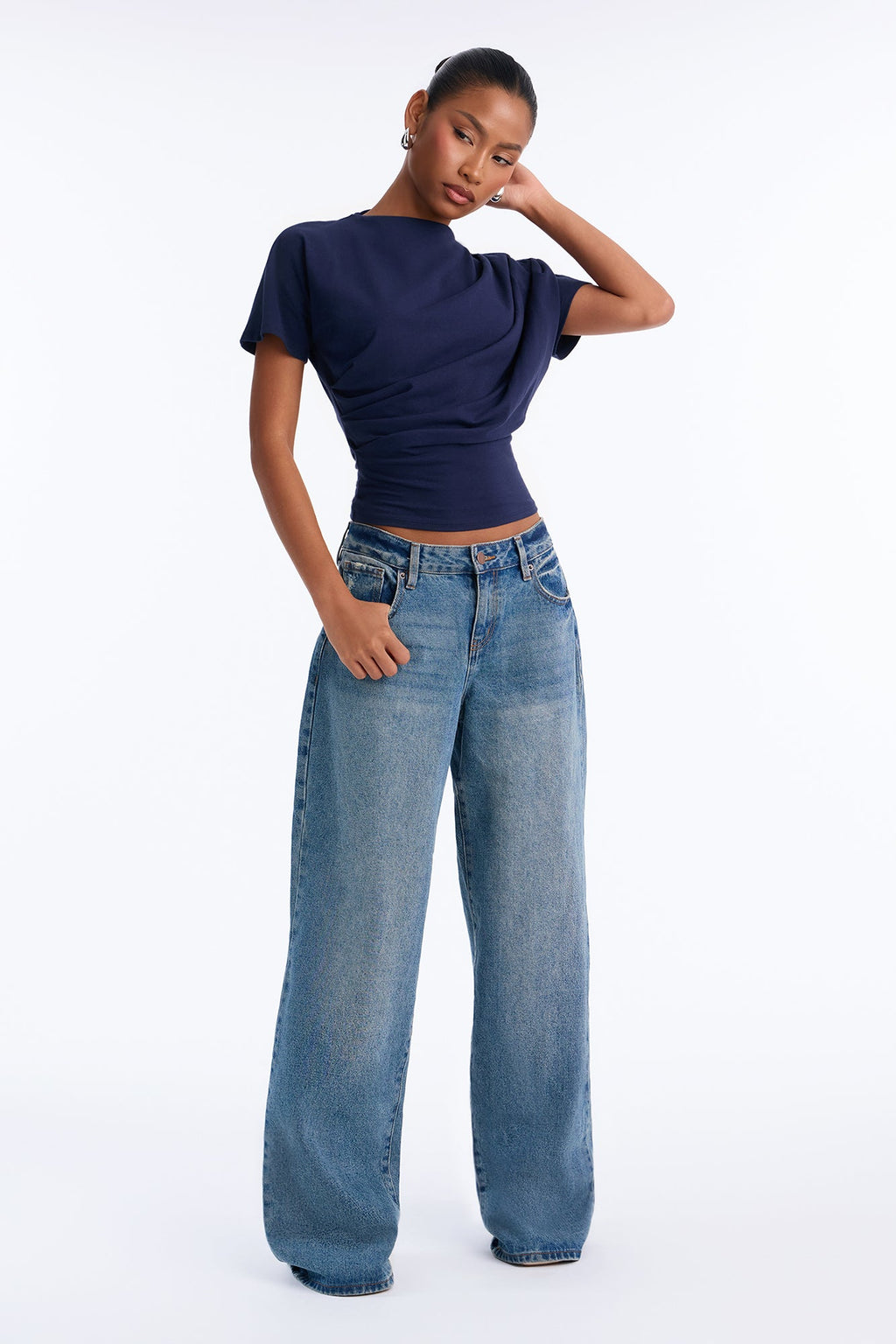 Janice Ruched Mock Neck Short Sleeve Tee - Navy