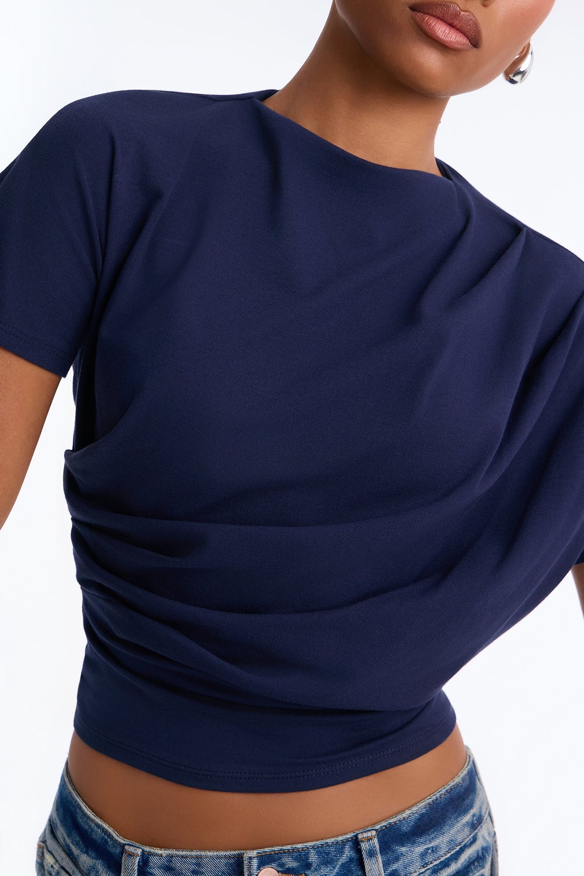Janice Ruched Mock Neck Short Sleeve Tee - Navy