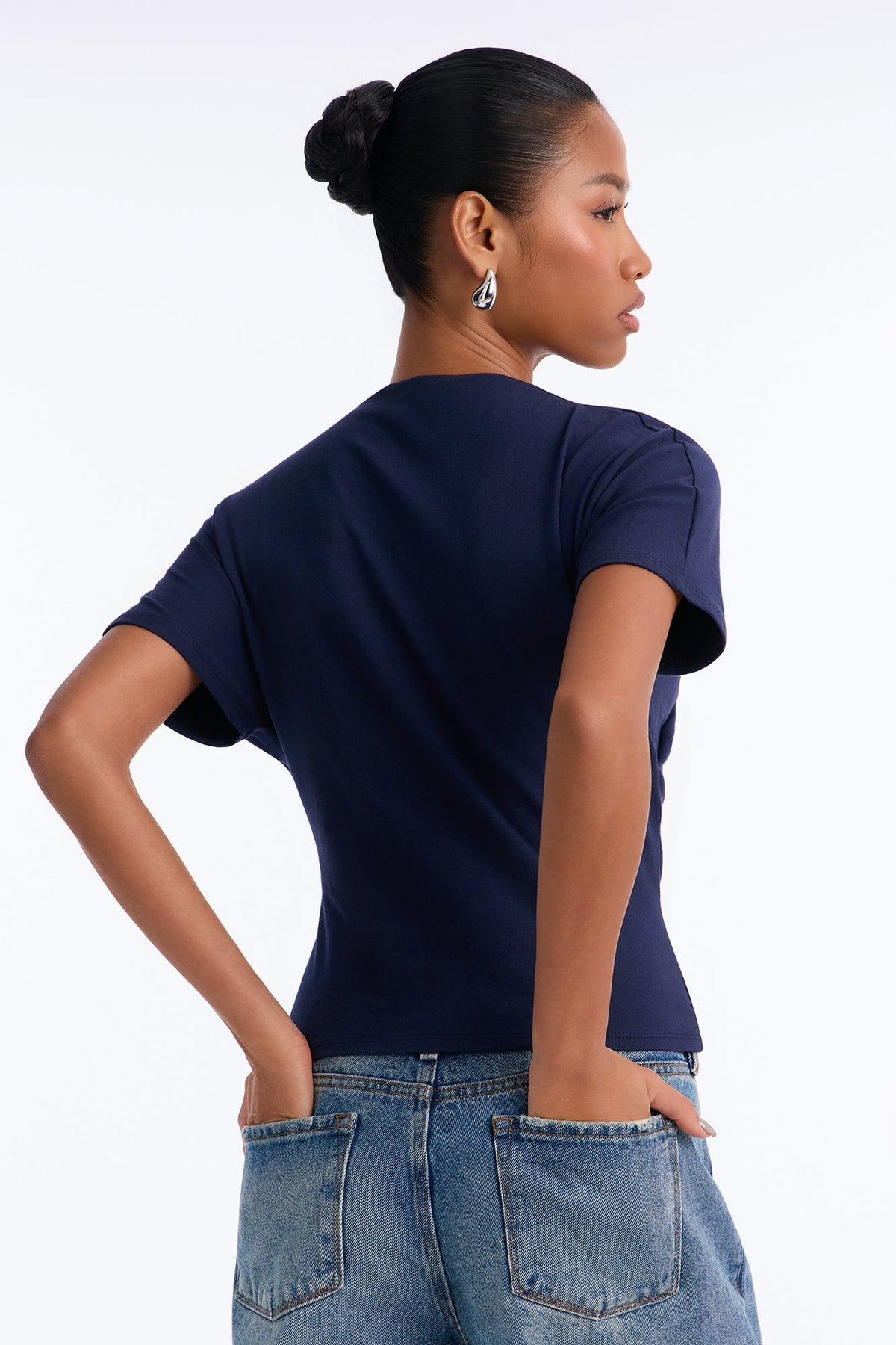 Janice Ruched Mock Neck Short Sleeve Tee - Navy