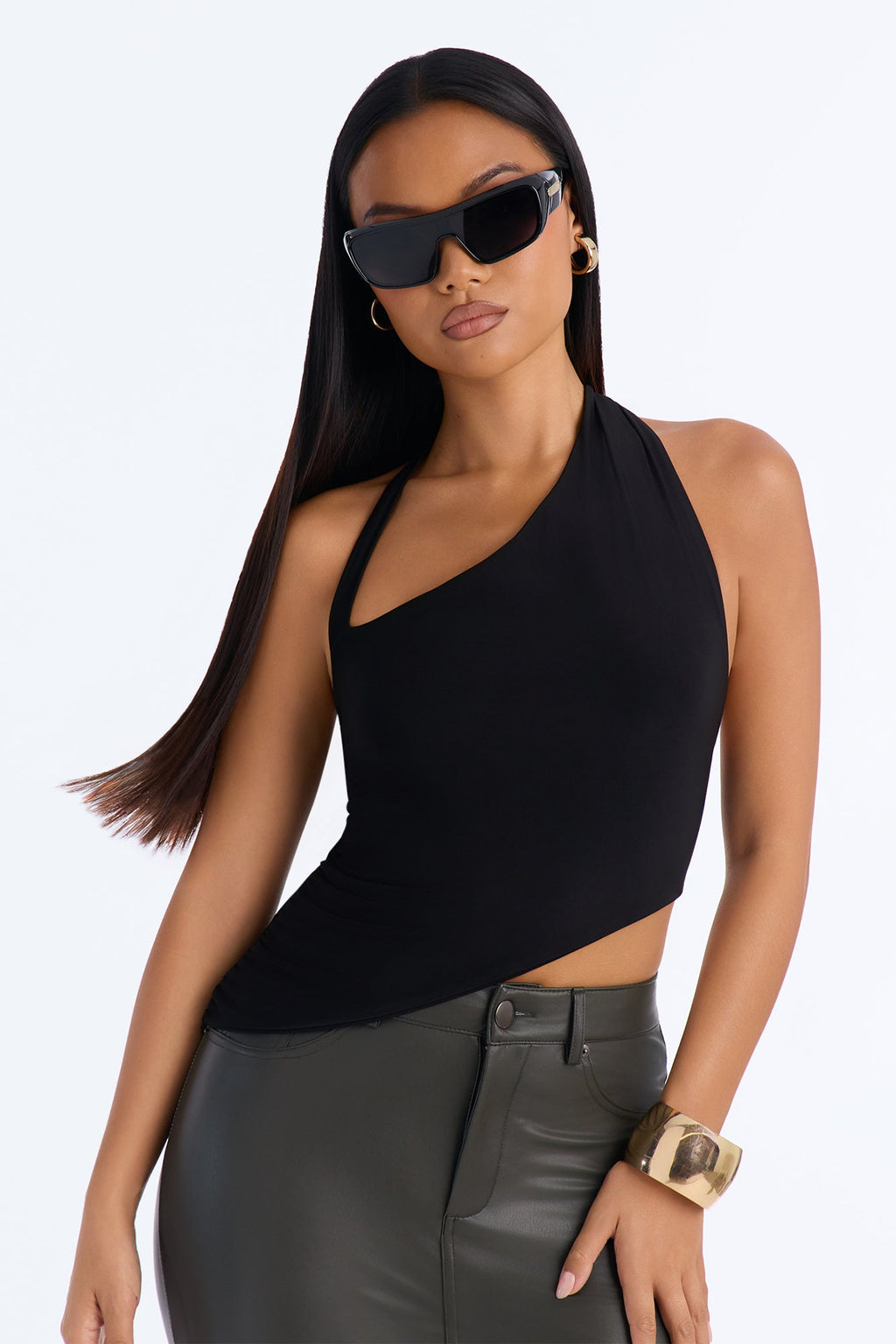 Elle Asymmetrical Ruched Halter Top - Black