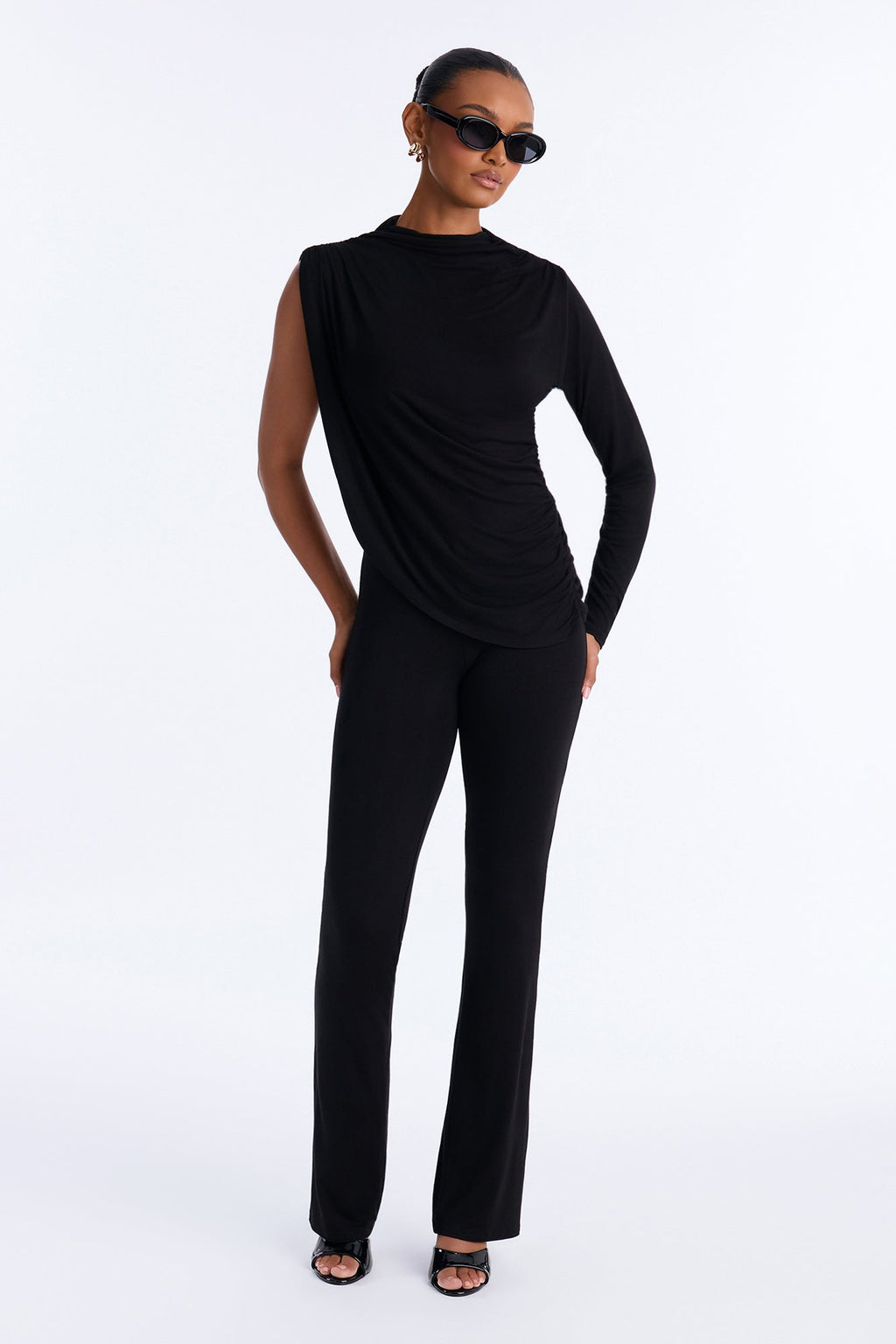 Sasha Draped One Shoulder Pant Set - Black