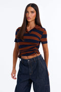 Trystyn Striped Drawstring Short Sleeve Polo Top - Brown/combo
