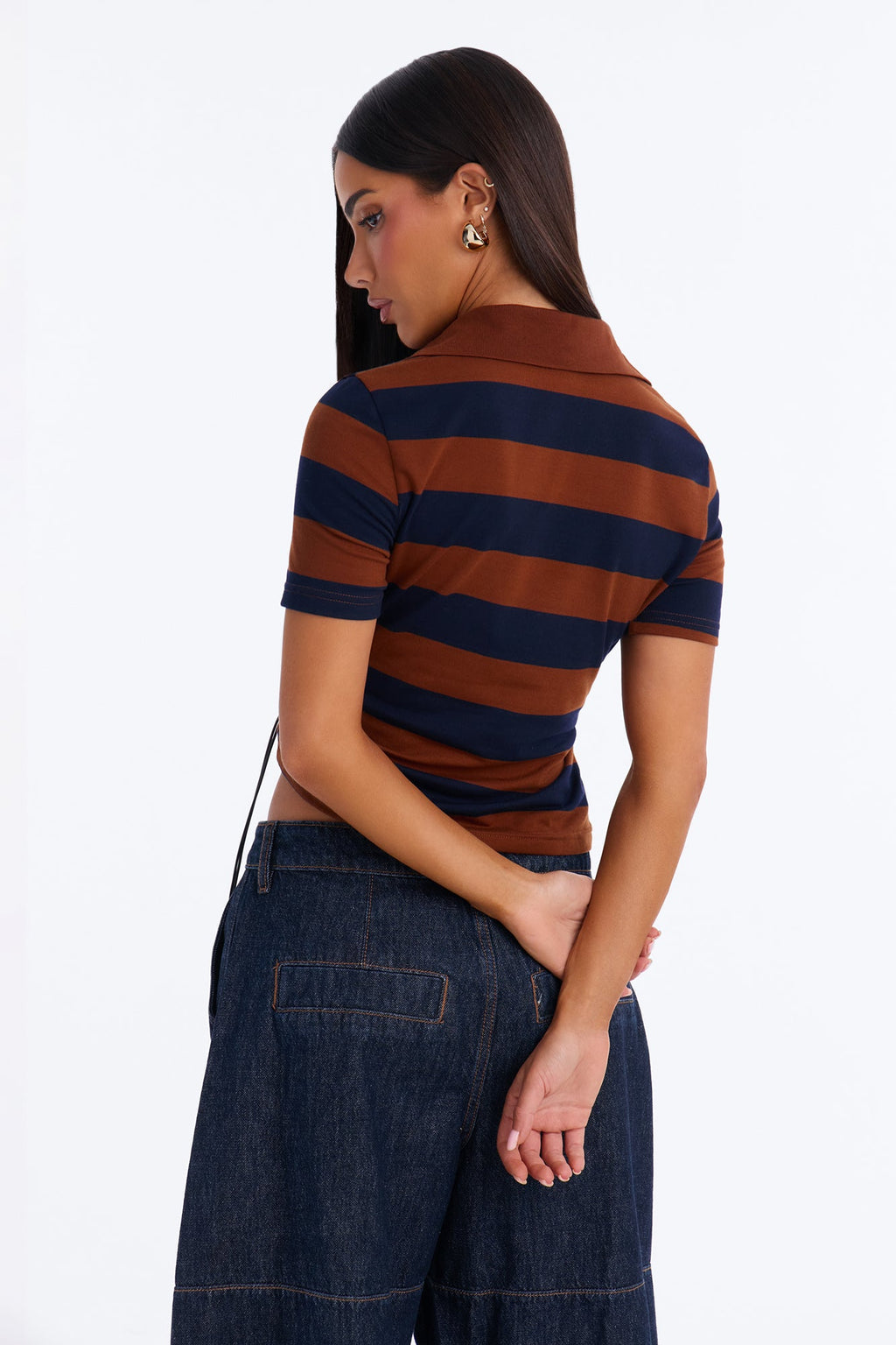 Trystyn Striped Drawstring Short Sleeve Polo Top - Brown/combo