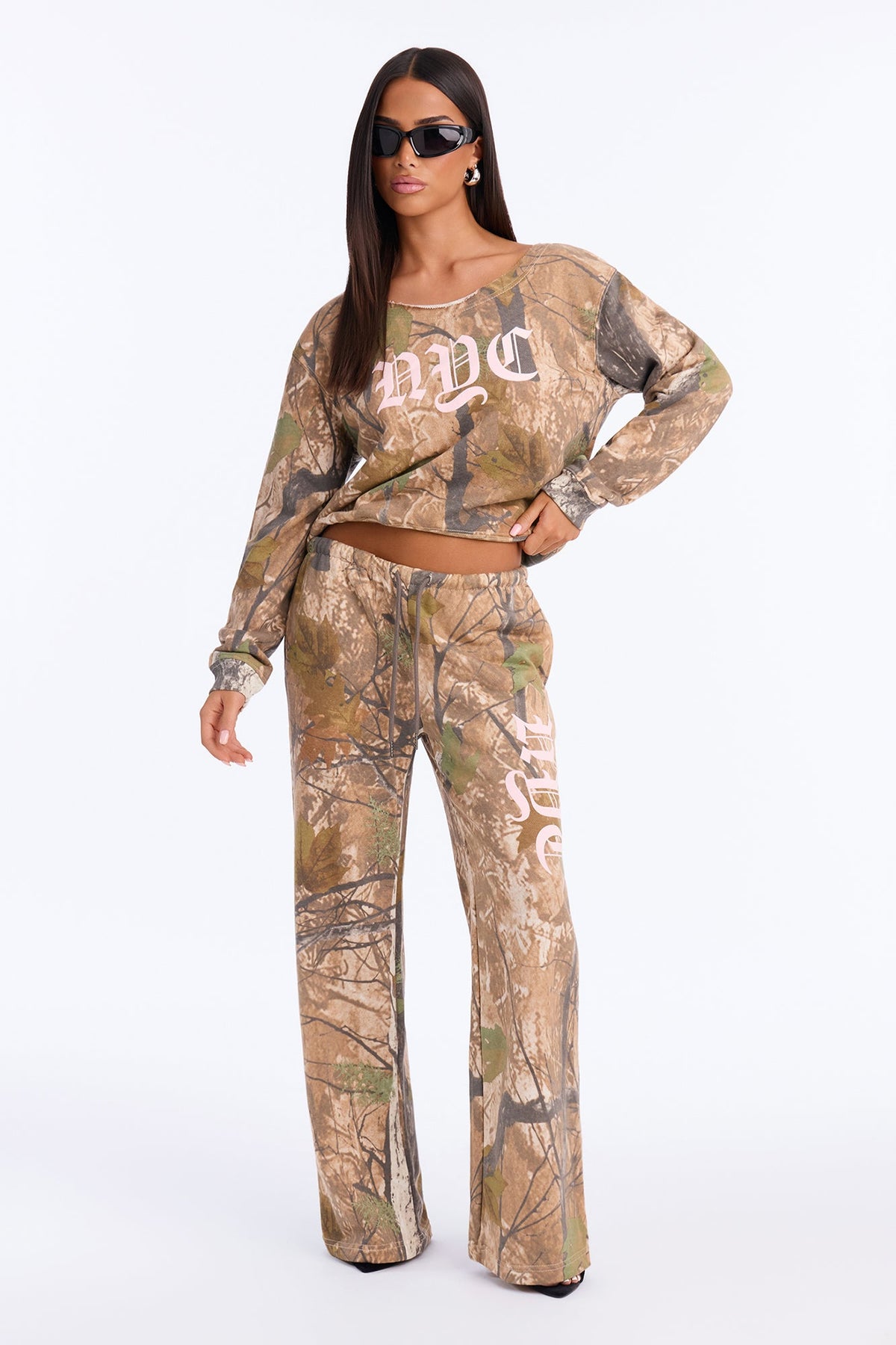 NYC Camo Off Shoulder Sweatshirt Pant Set - Olive/combo