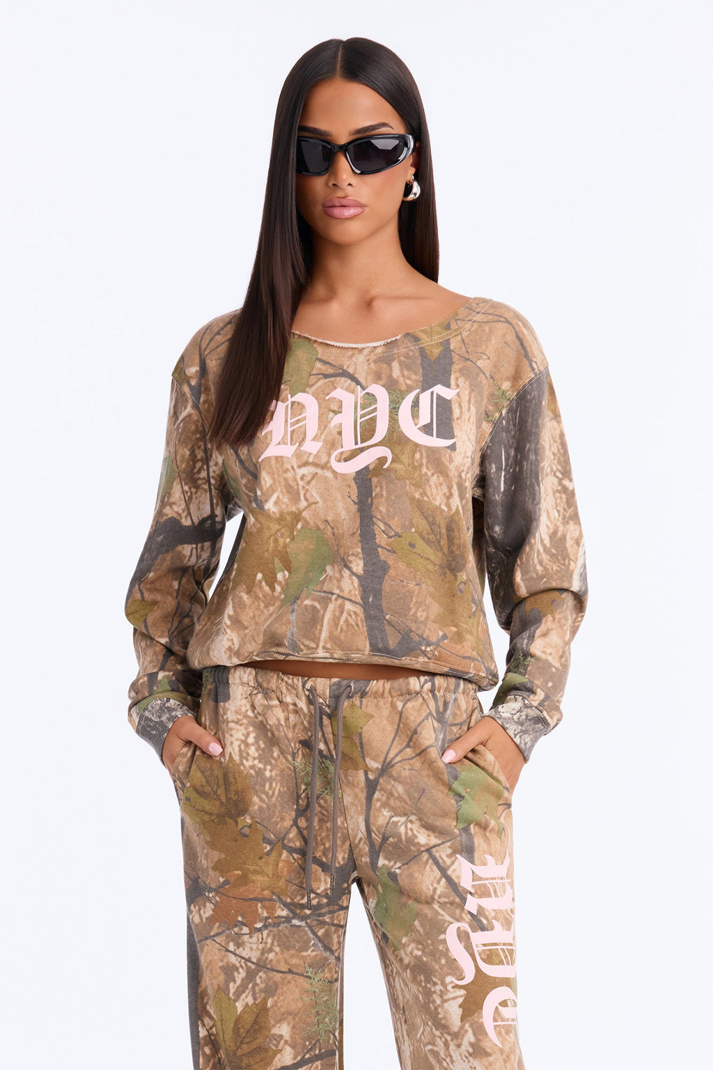 NYC Camo Off Shoulder Sweatshirt Pant Set - Olive/combo