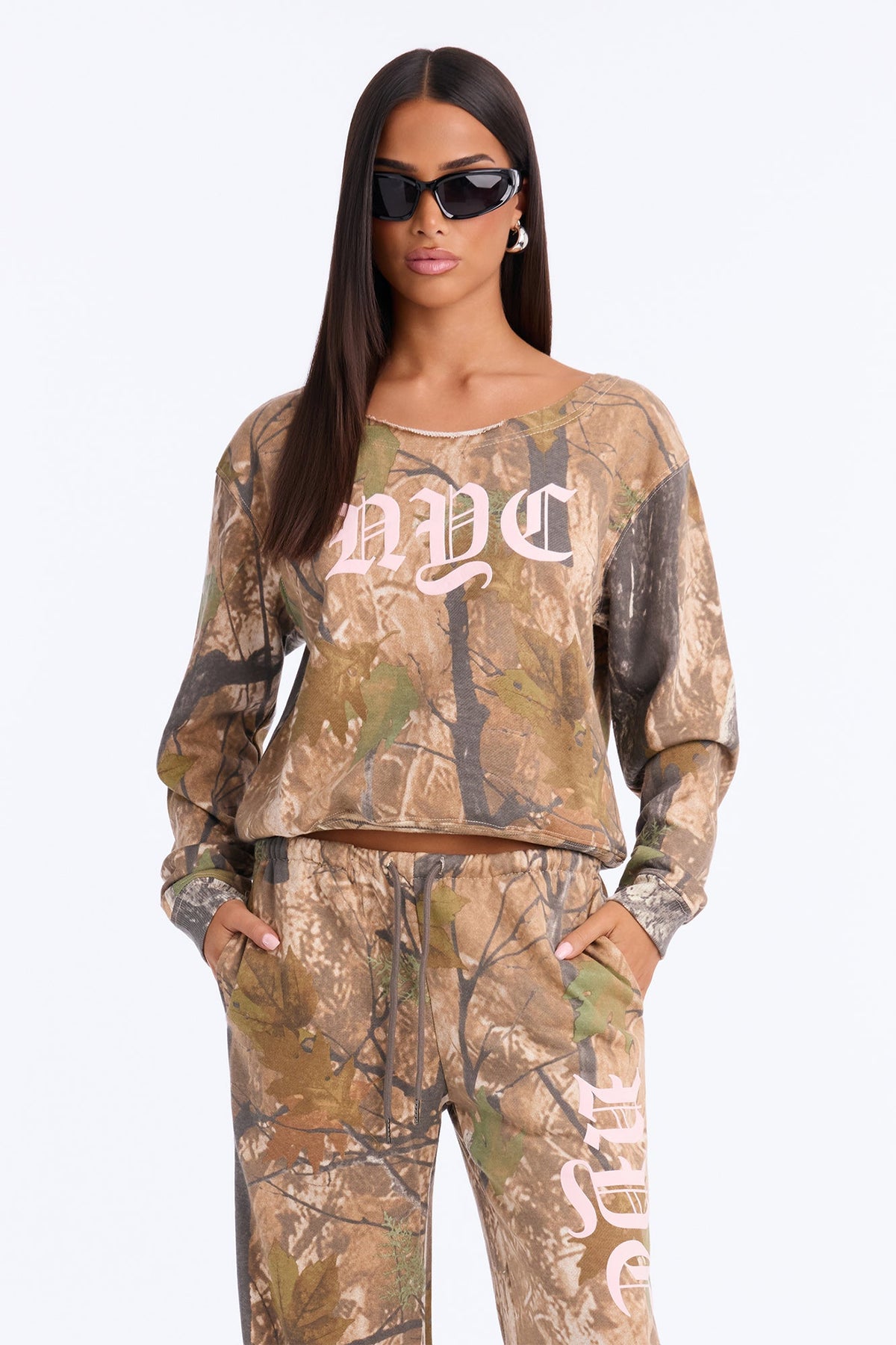 NYC Camo Off Shoulder Sweatshirt Pant Set - Olive/combo
