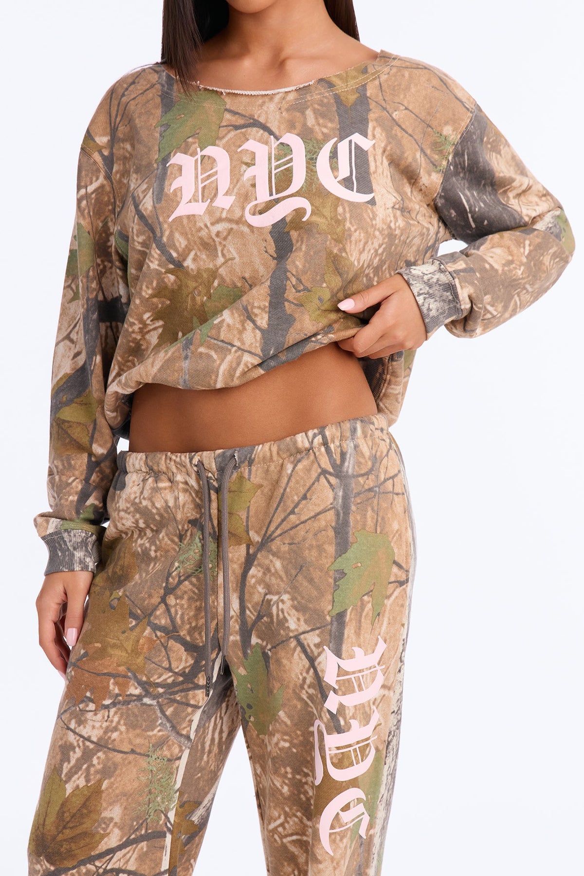 NYC Camo Off Shoulder Sweatshirt Pant Set - Olive/combo