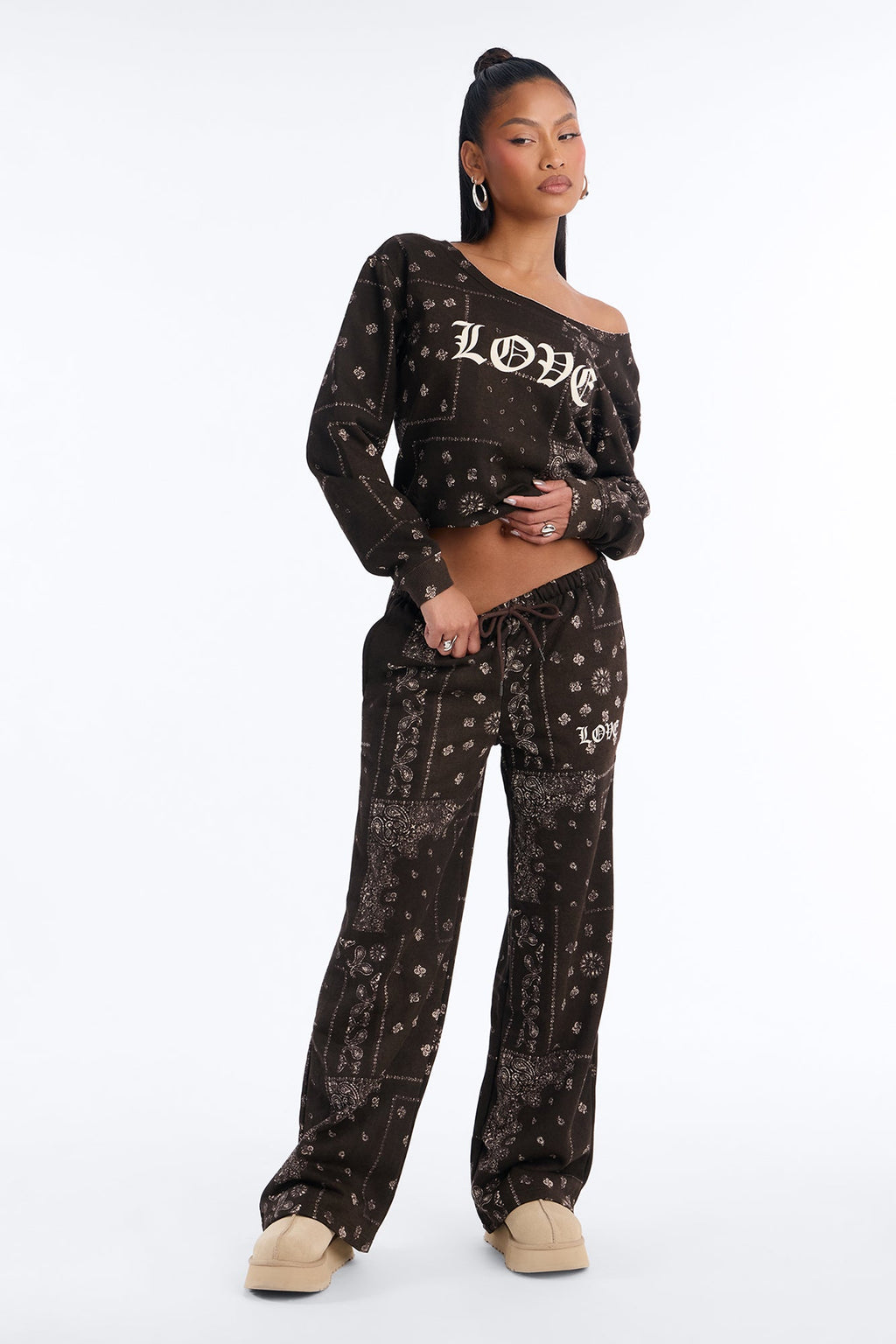 Love Bandana Off Shoulder Fleece Pant Set - Brown/combo