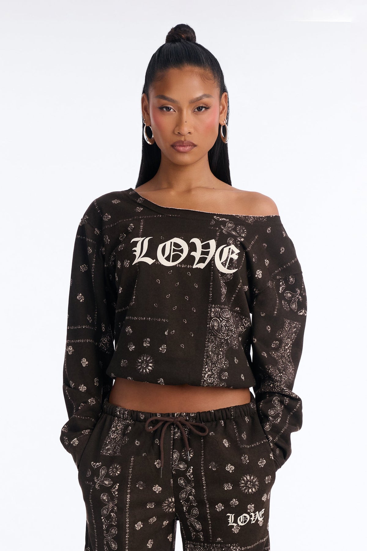 Love Bandana Off Shoulder Fleece Pant Set - Brown/combo