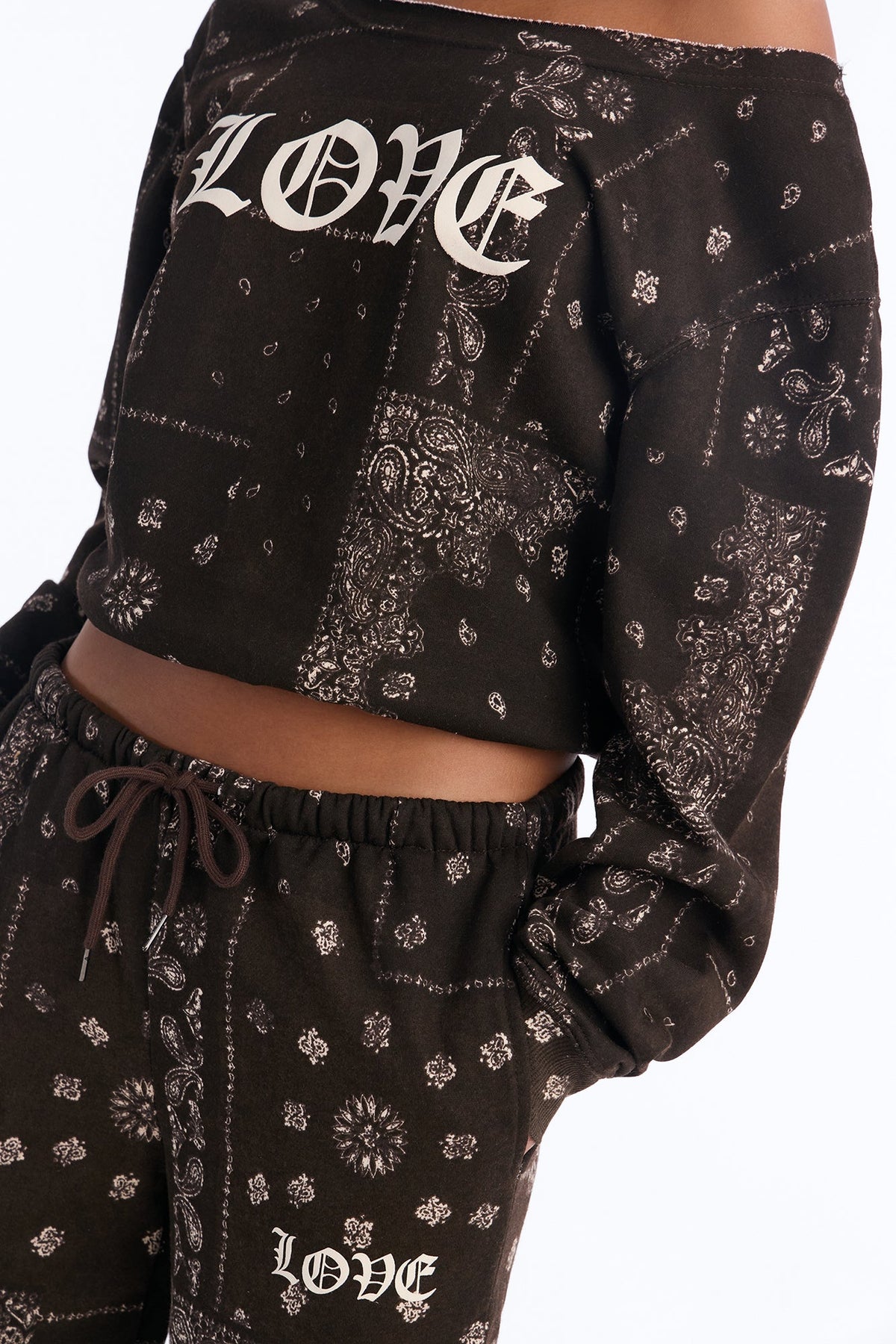 Love Bandana Off Shoulder Fleece Pant Set - Brown/combo