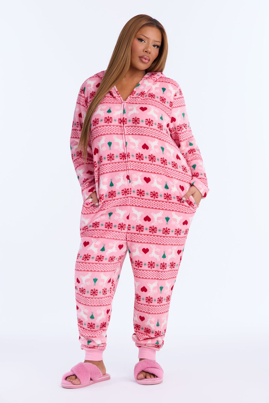 Sleighing The Season 30″ Plush PJ Onesie - Pink/combo