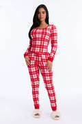 Long Nights Plaid Henley Long Sleeve Wide Leg PJ Pant Set - Red/White