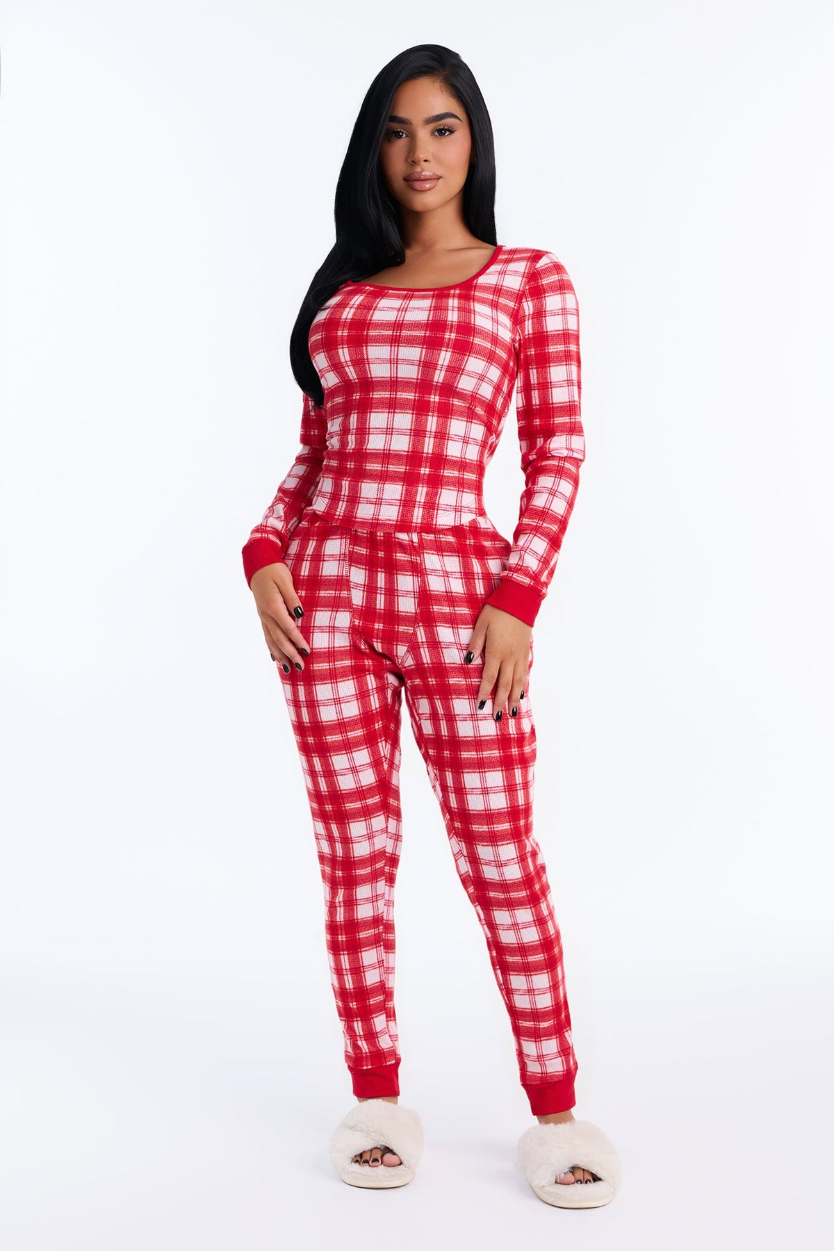 Long Nights Plaid Henley Long Sleeve Wide Leg PJ Pant Set - Red/White