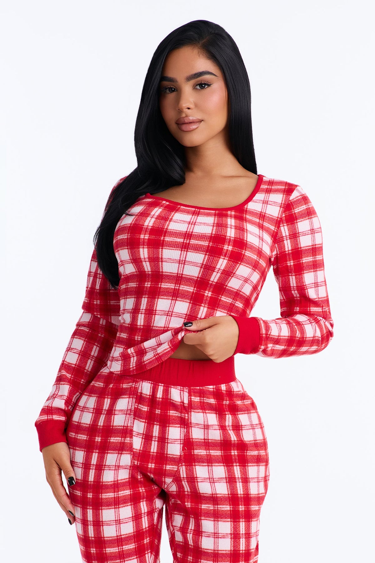 Long Nights Plaid Henley Long Sleeve Wide Leg PJ Pant Set - Red/White