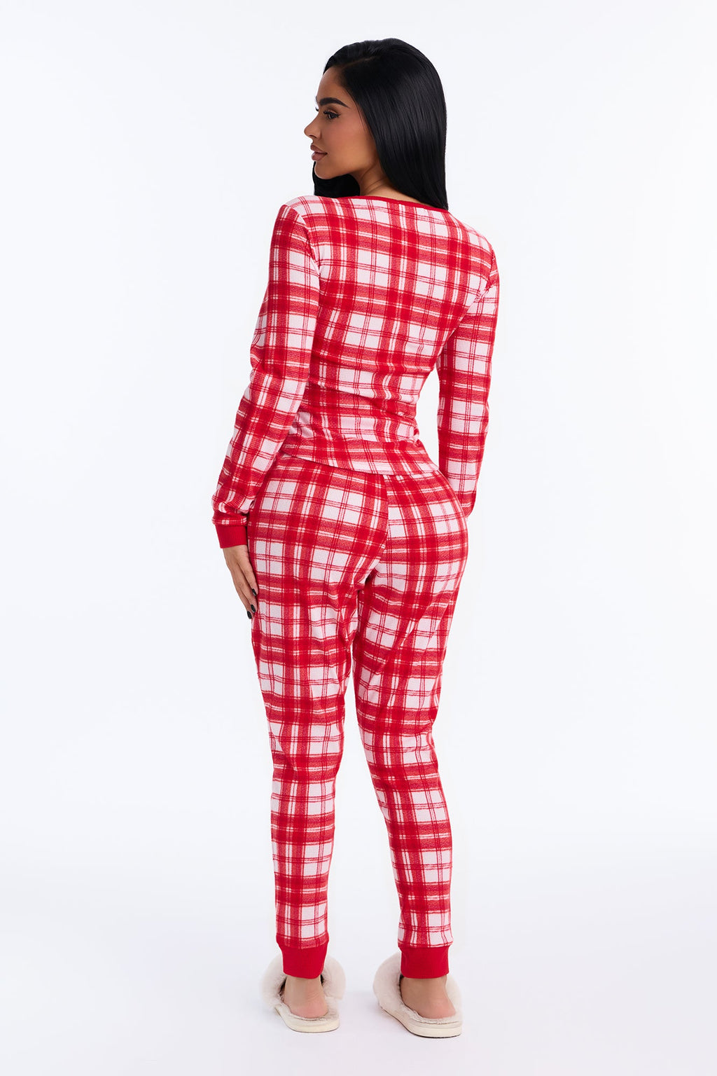 Long Nights Plaid Henley Long Sleeve Wide Leg PJ Pant Set - Red/White