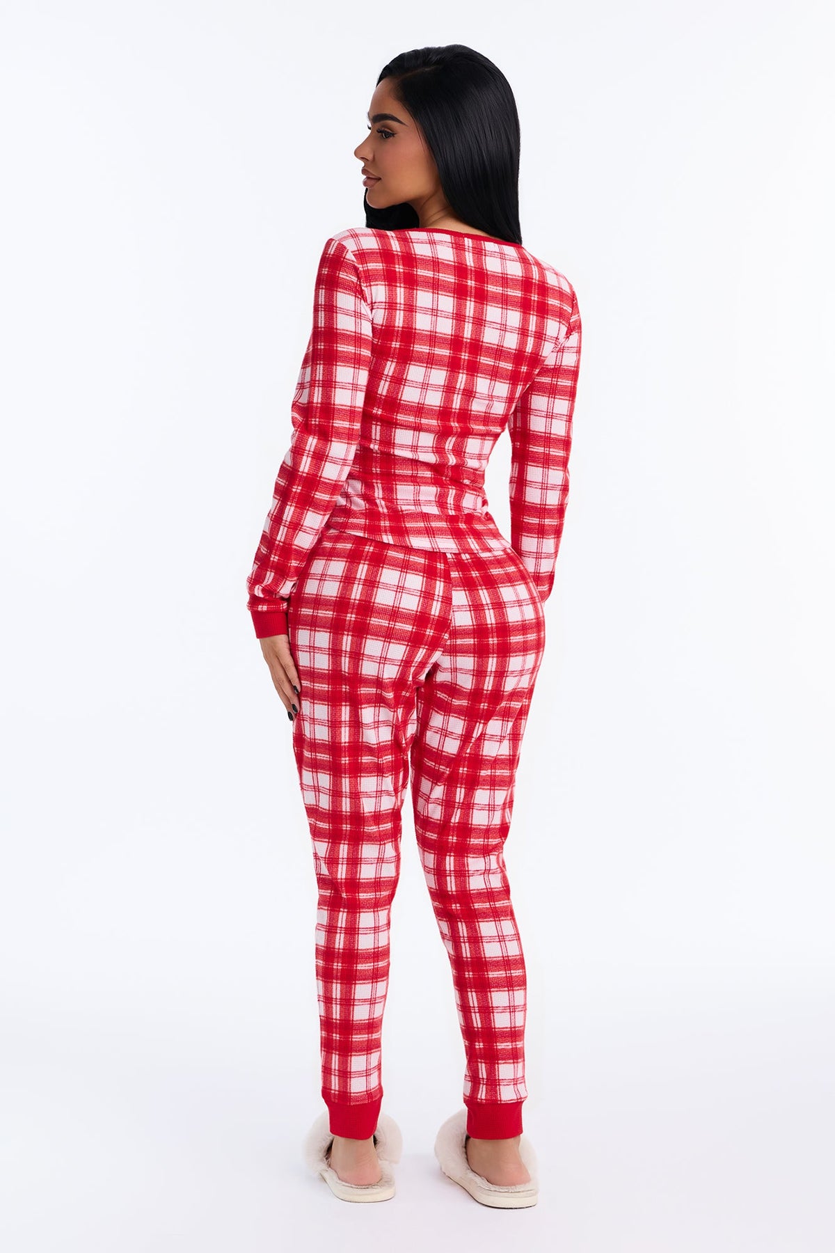 Long Nights Plaid Henley Long Sleeve Wide Leg PJ Pant Set - Red/White