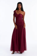 Juliette Mesh Ruched Drop Waist Gown - Wine