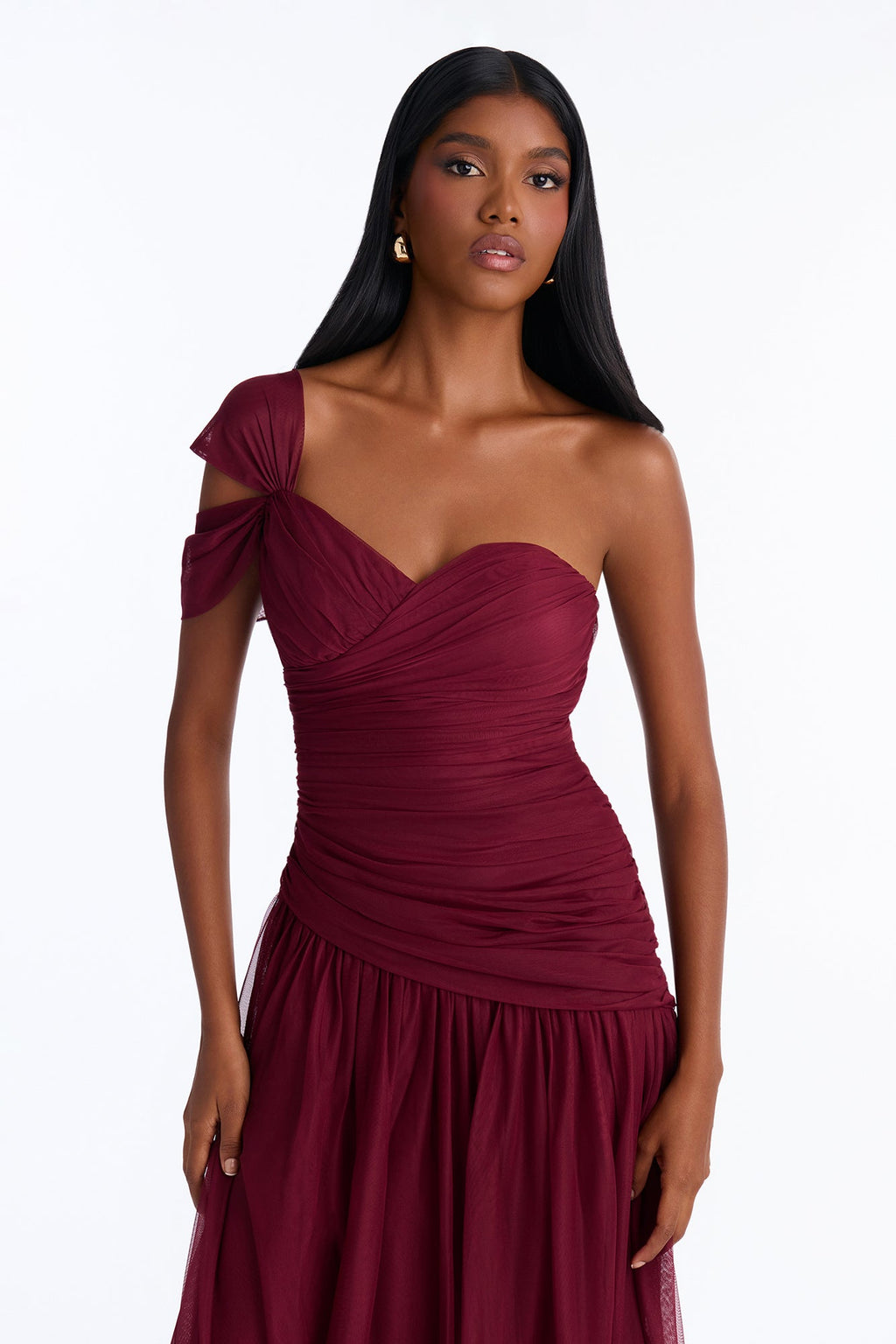 Juliette Mesh Ruched Drop Waist Gown - Wine