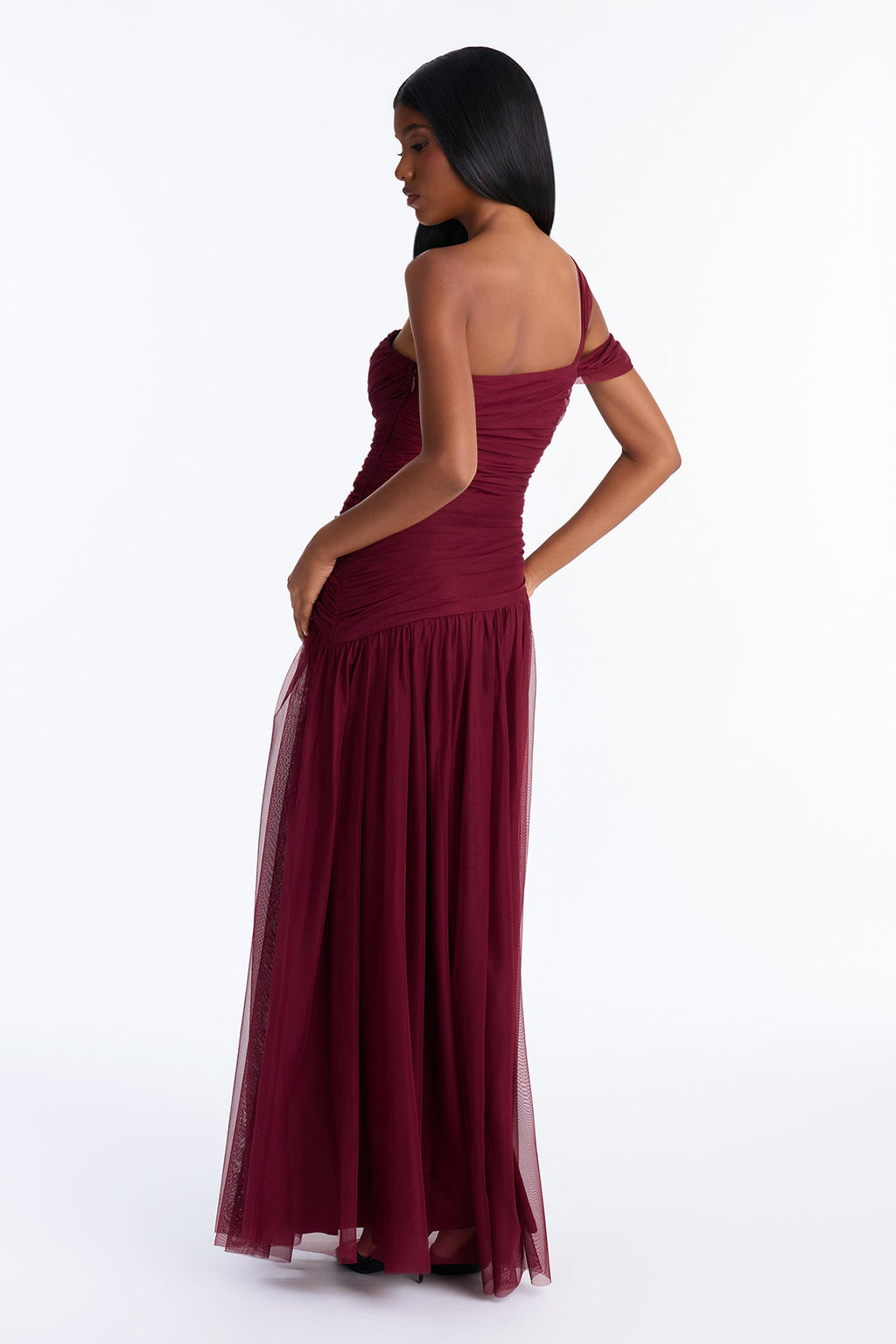 Juliette Mesh Ruched Drop Waist Gown - Wine