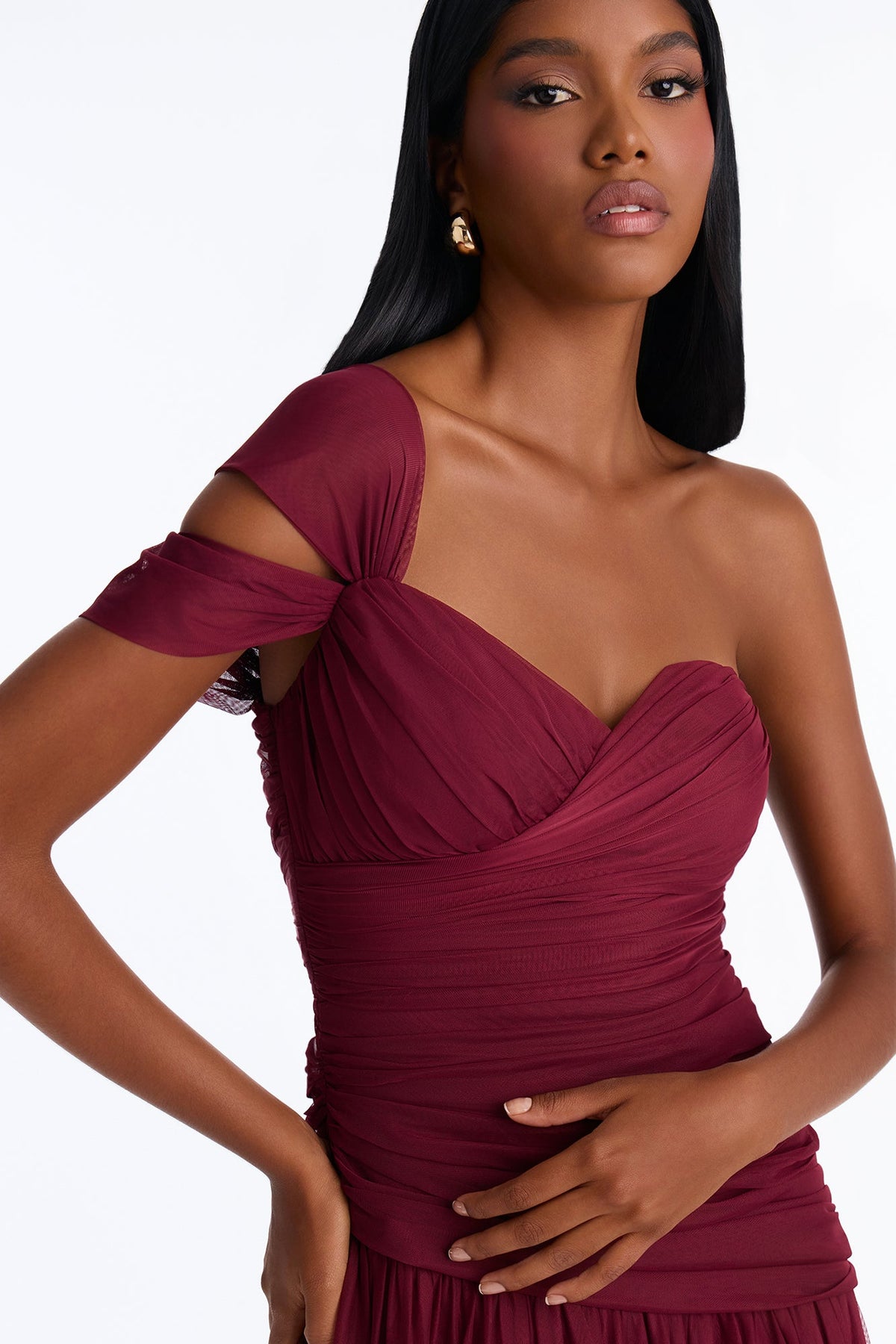 Juliette Mesh Ruched Drop Waist Gown - Wine