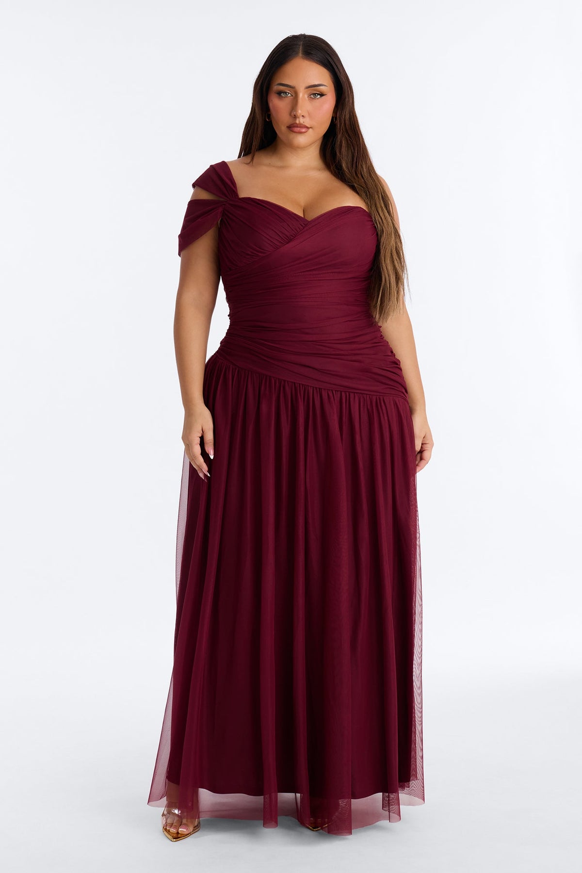 Juliette Mesh Ruched Drop Waist Gown - Wine