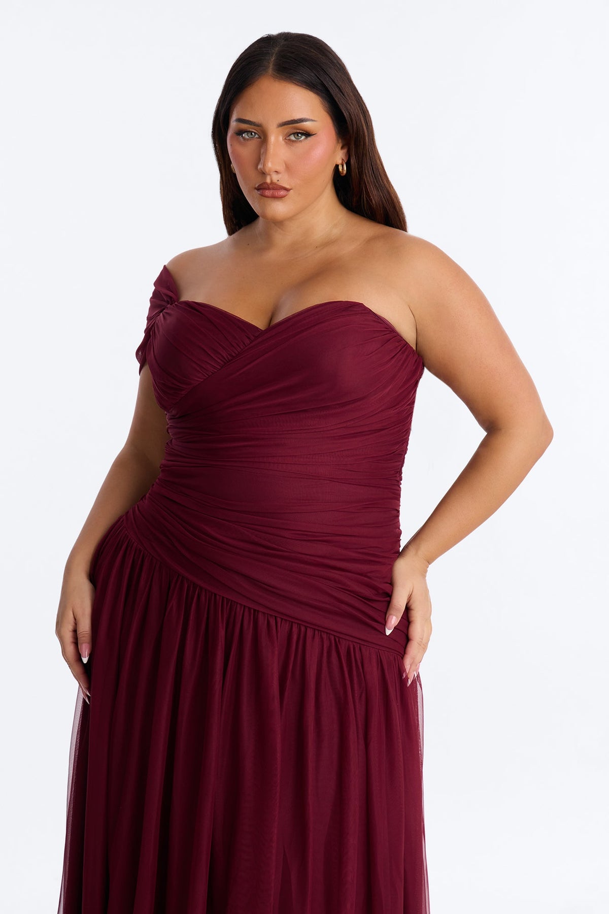 Juliette Mesh Ruched Drop Waist Gown - Wine