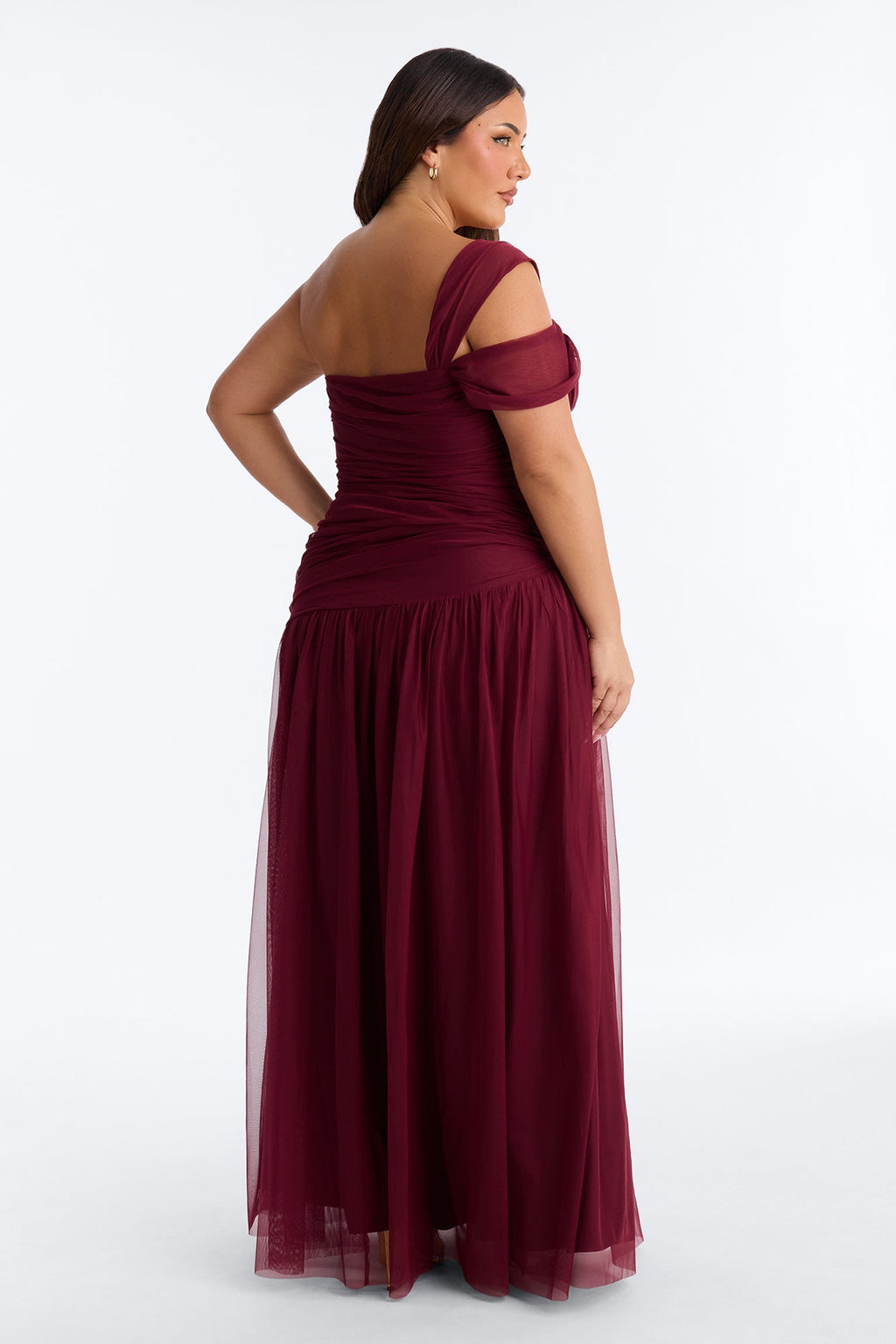 Juliette Mesh Ruched Drop Waist Gown - Wine