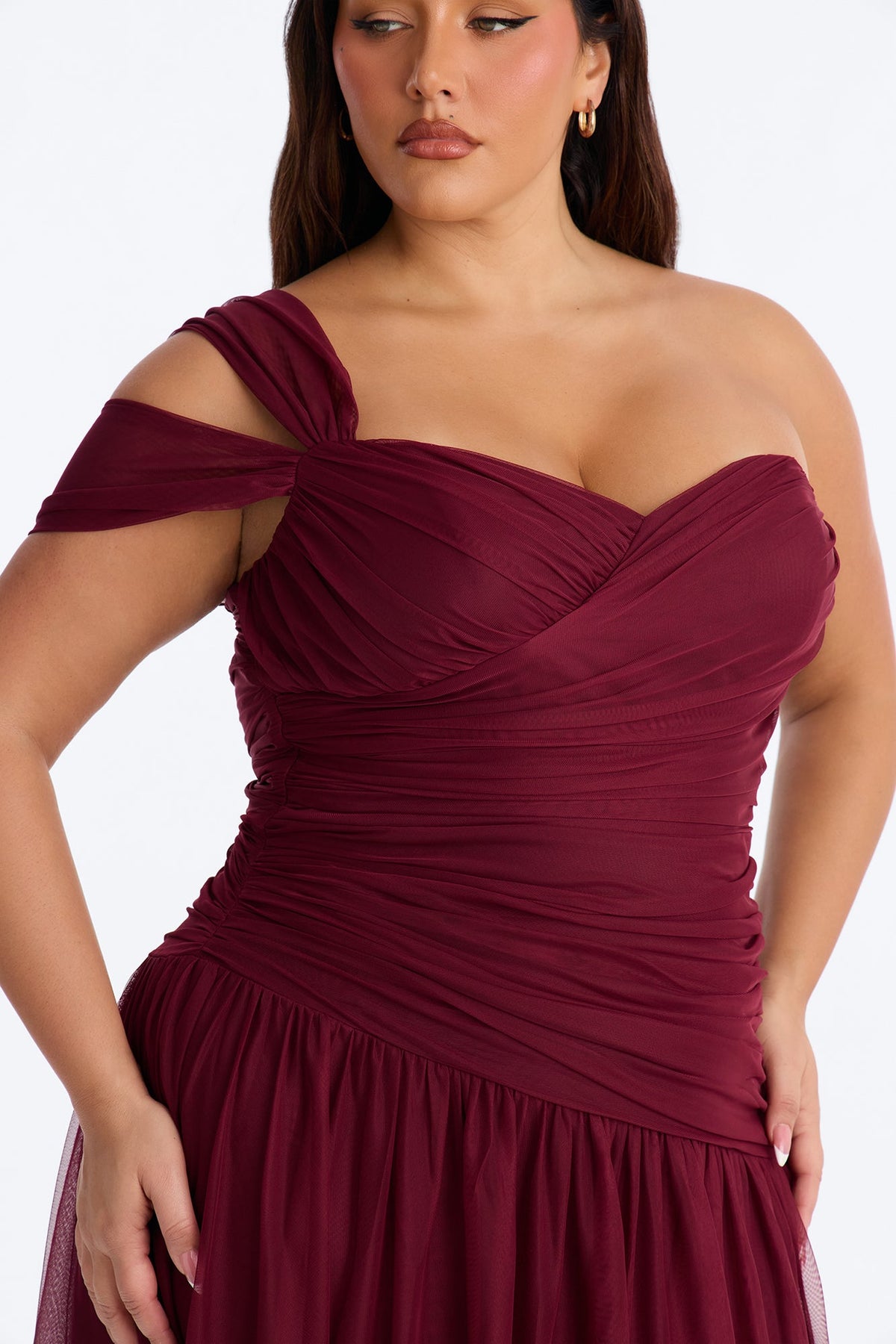 Juliette Mesh Ruched Drop Waist Gown - Wine