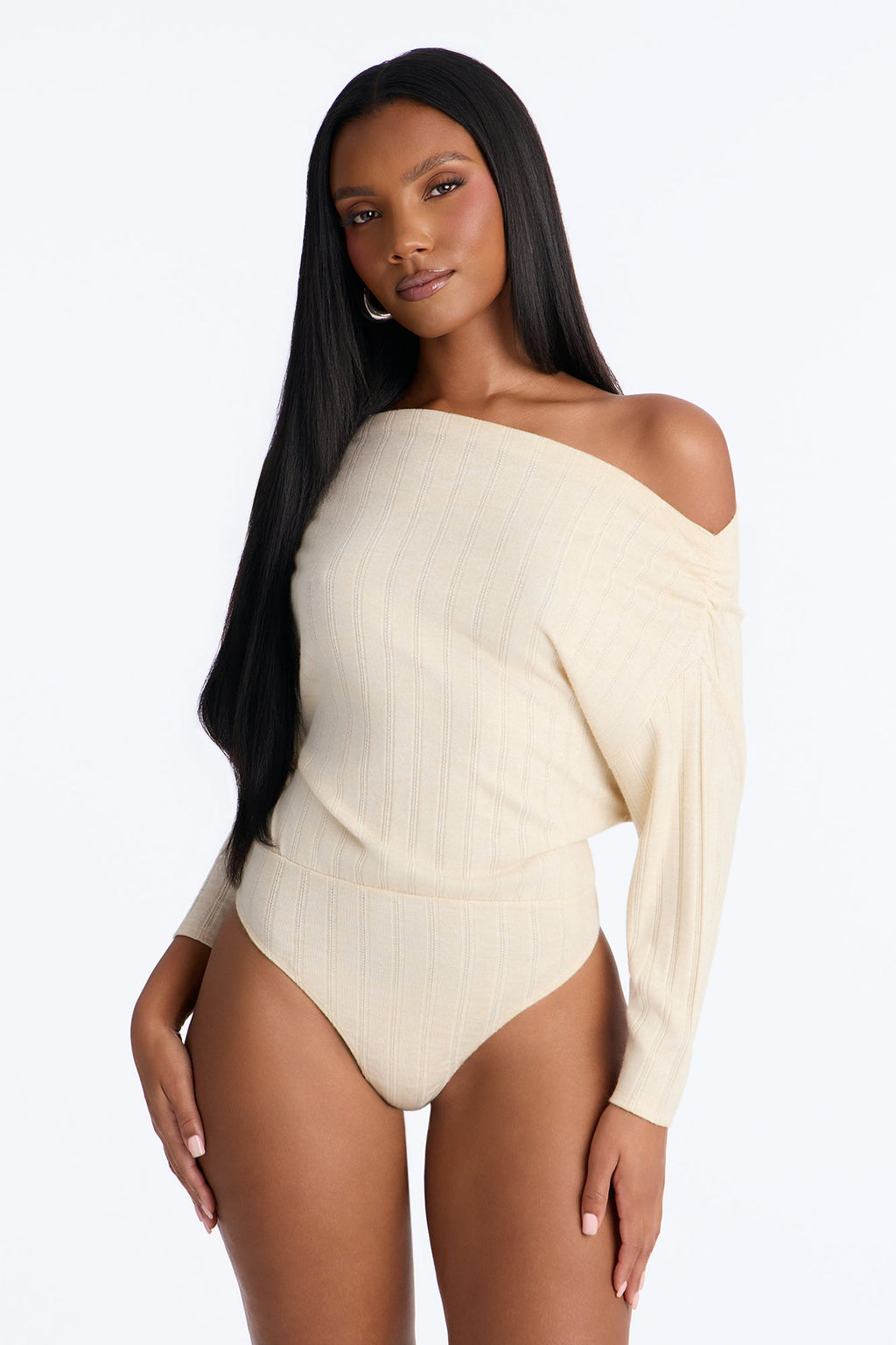 Coffee Date Ribbed Boat Neck 3/4 Sleeve Bodysuit - Cream