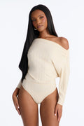 Coffee Date Ribbed Boat Neck 3/4 Sleeve Bodysuit - Cream