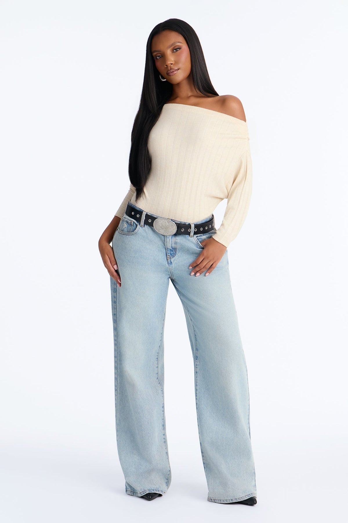 Coffee Date Ribbed Boat Neck 3/4 Sleeve Bodysuit - Cream