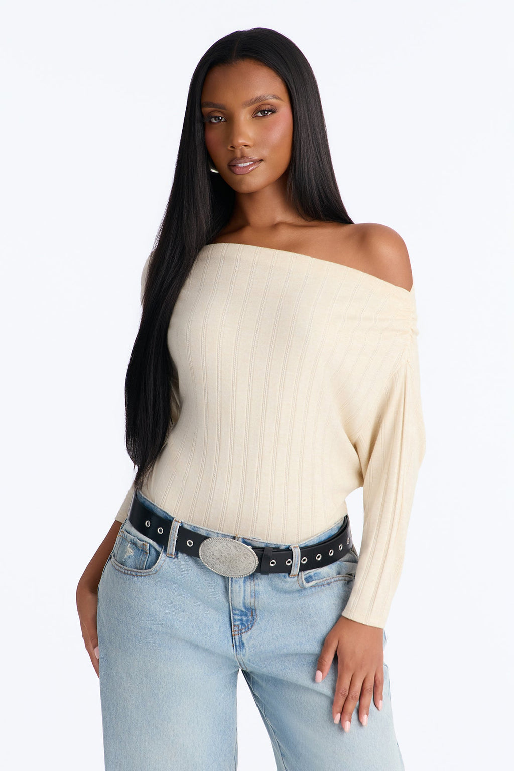 Coffee Date Ribbed Boat Neck 3/4 Sleeve Bodysuit - Cream
