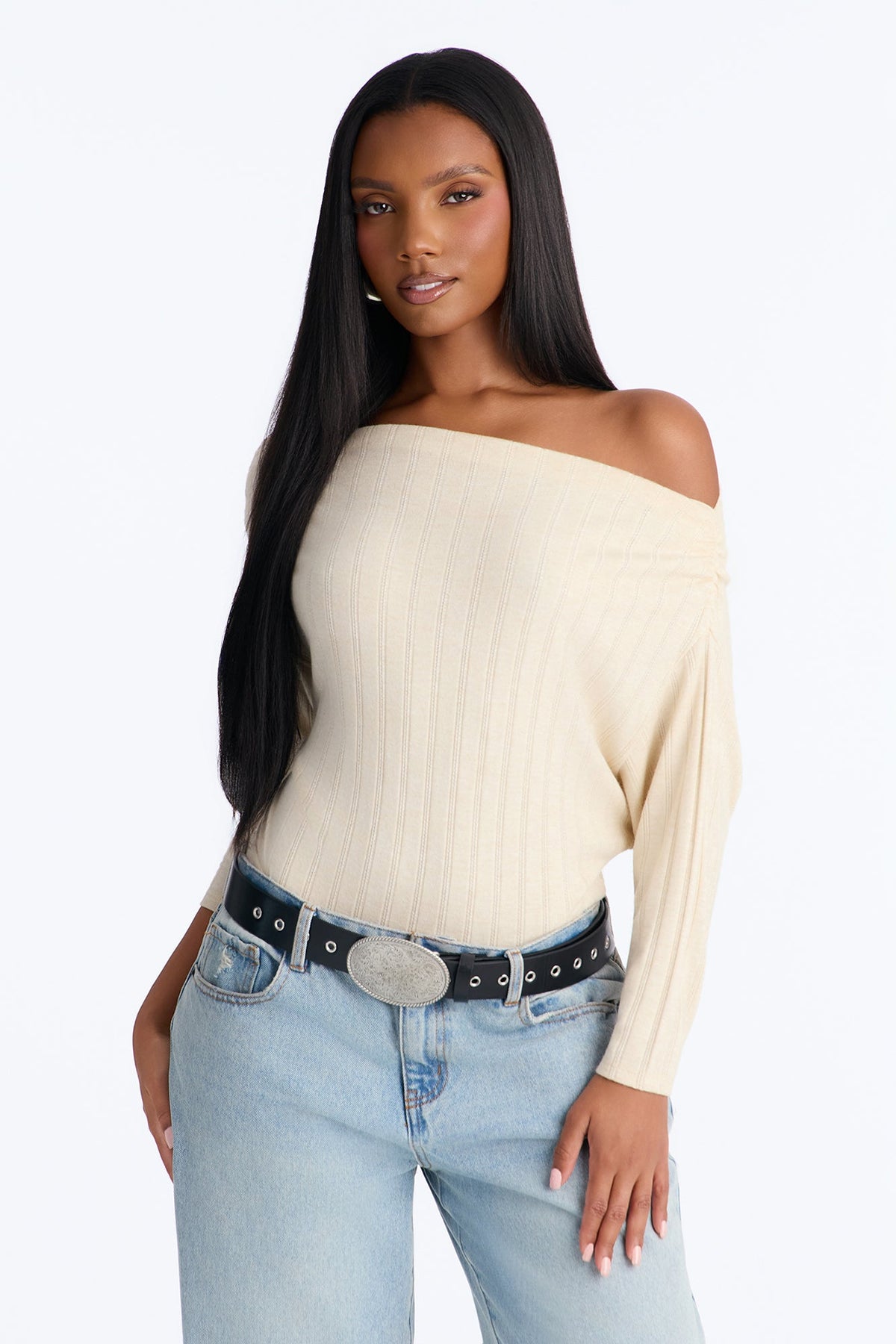Coffee Date Ribbed Boat Neck 3/4 Sleeve Bodysuit - Cream