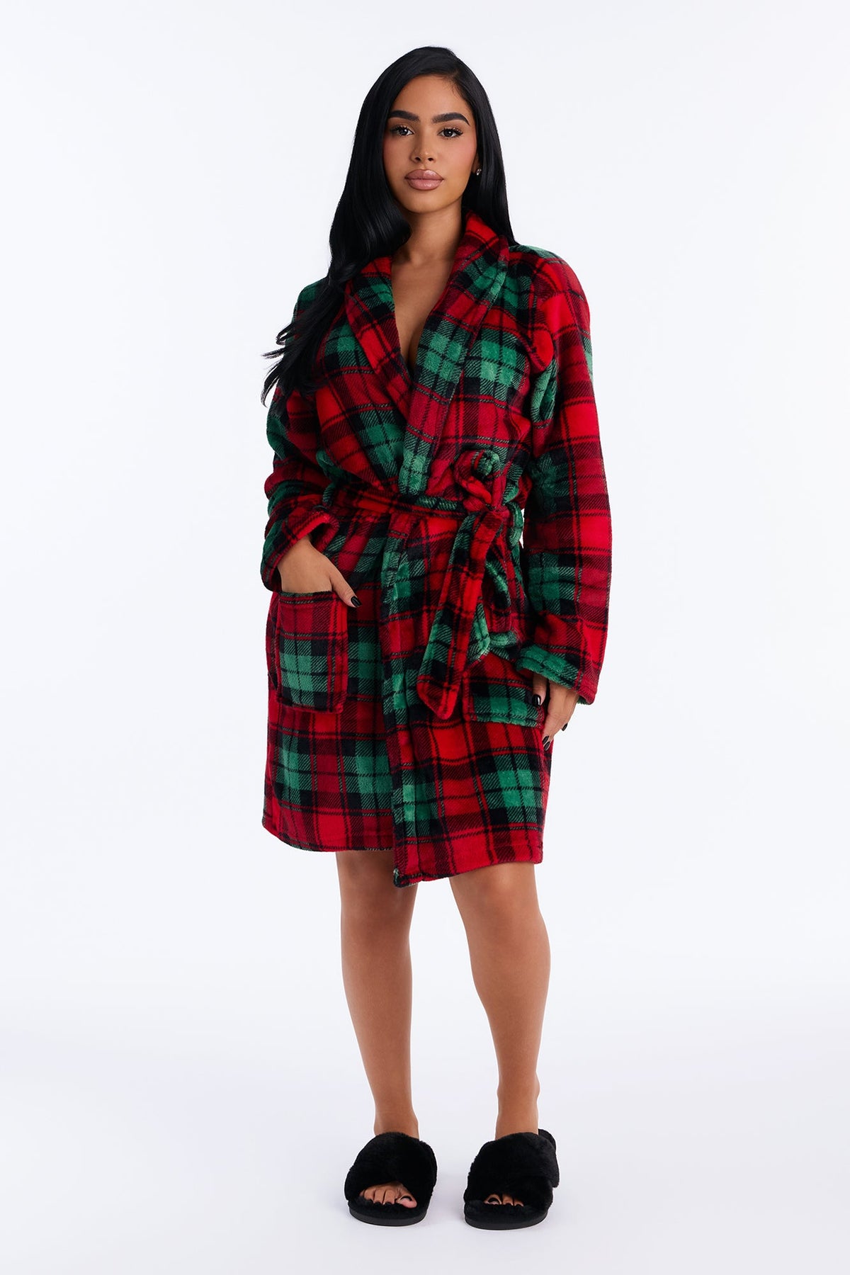 Yuletide Plaid Plush Robe - Green/combo