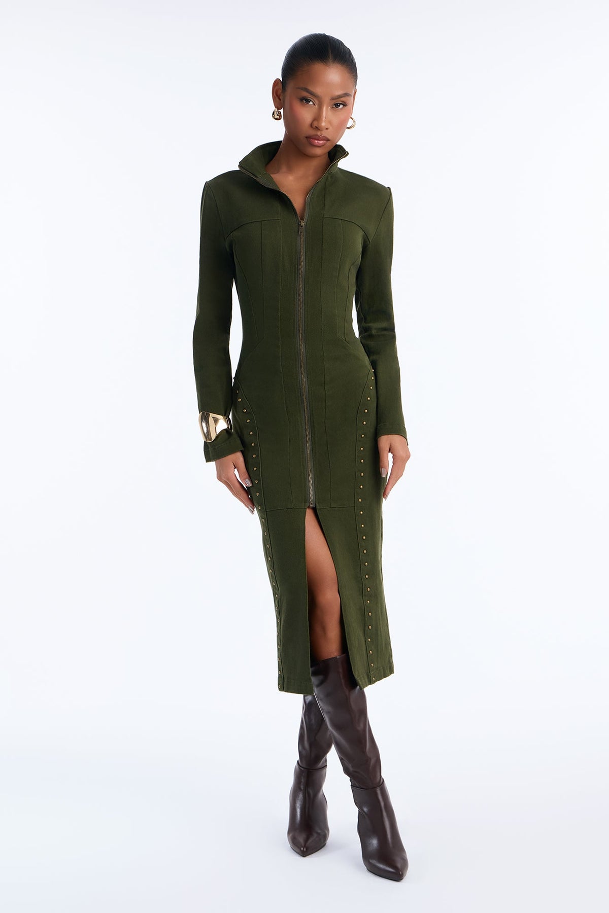 East Coast Weekend Stretch Twill Midi Dress - Olive