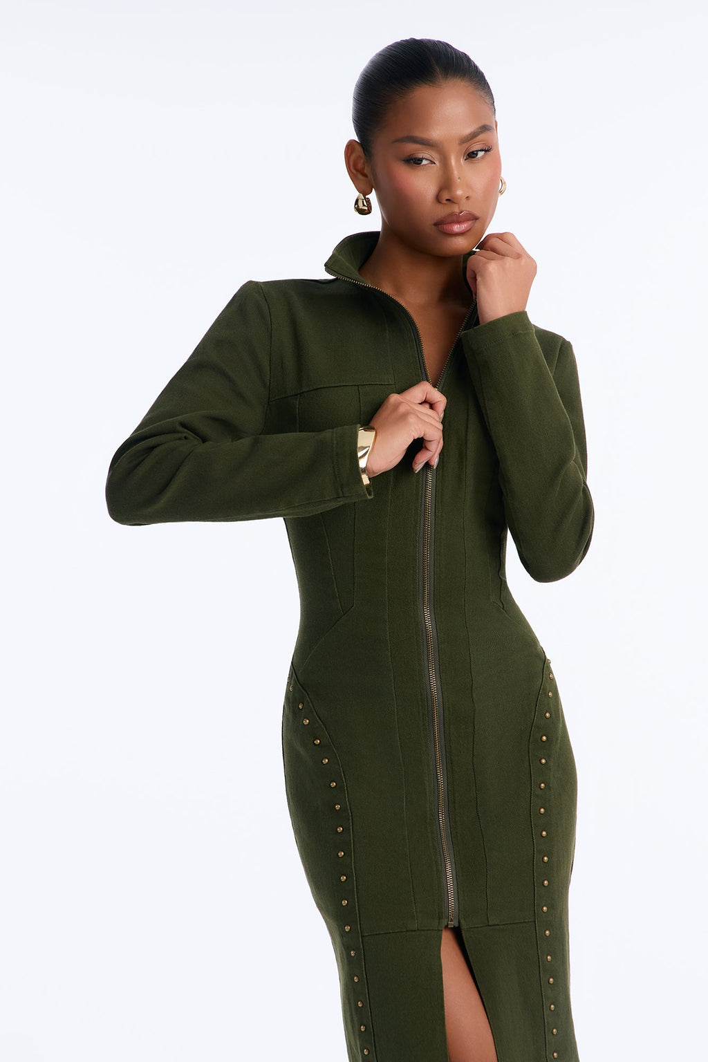 East Coast Weekend Stretch Twill Midi Dress - Olive