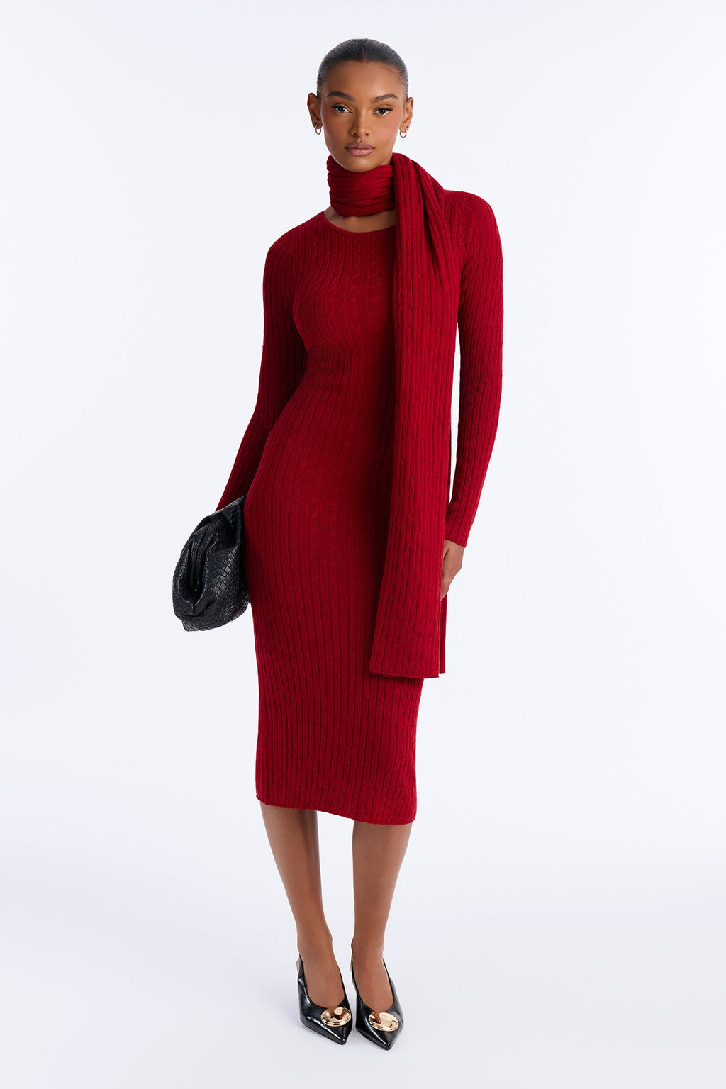 Windy City Scarf & Sweater Midi Dress - Red