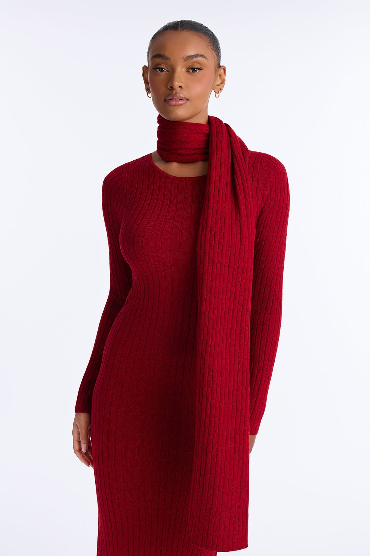 Windy City Scarf & Sweater Midi Dress - Red