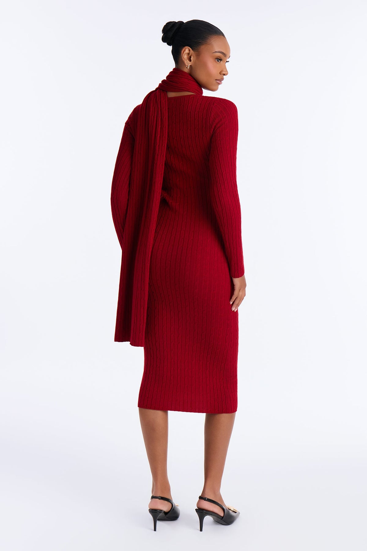 Windy City Scarf & Sweater Midi Dress - Red