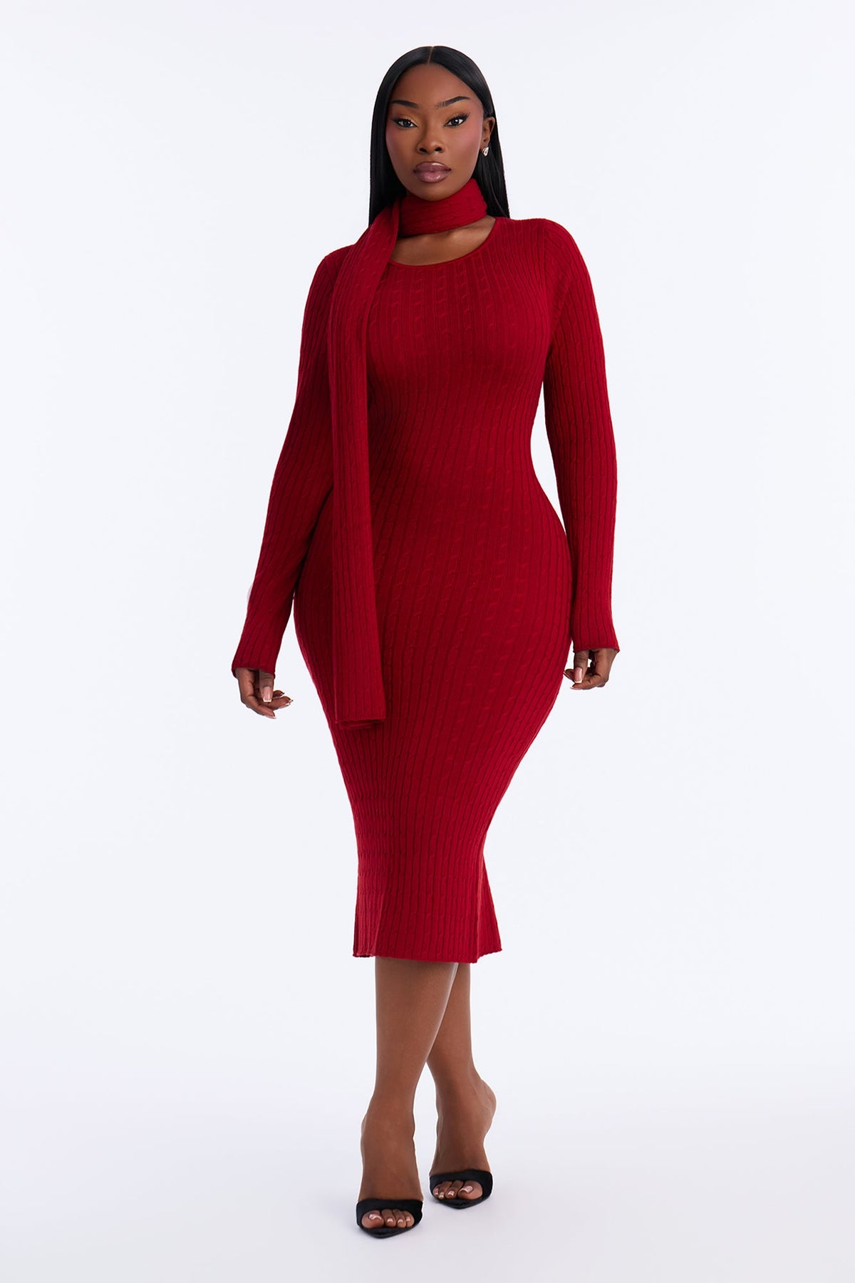 Windy City Scarf & Sweater Midi Dress - Red