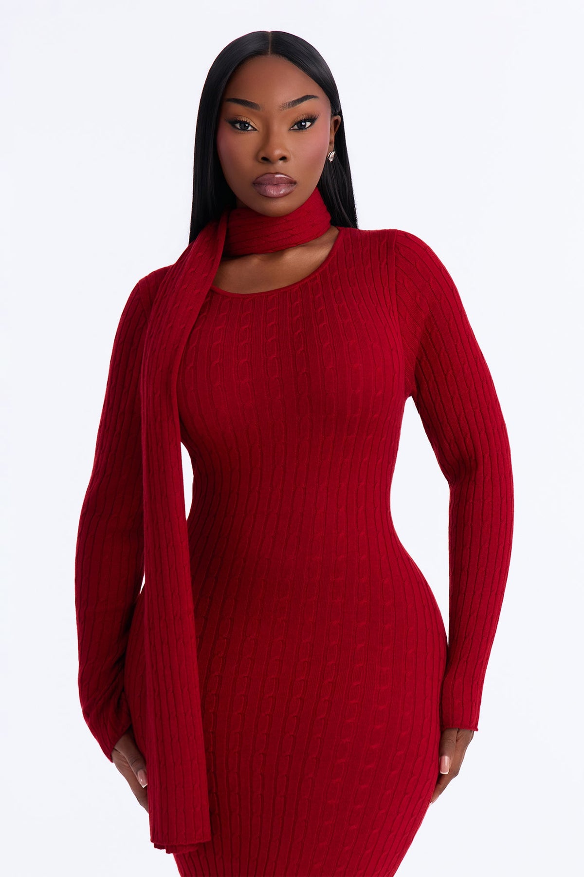 Windy City Scarf & Sweater Midi Dress - Red